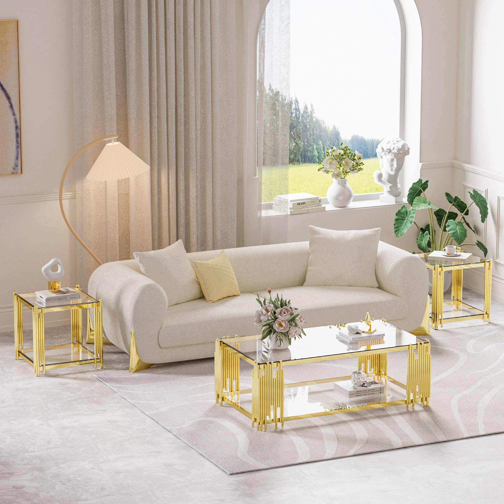 Luxury Gold Square Glass End Table, 19.7" Modern Side Table with Stainless Steel Irregular Leg Clear Tempered Glass Tabletop, Accent Furniture for Living Room, Clear