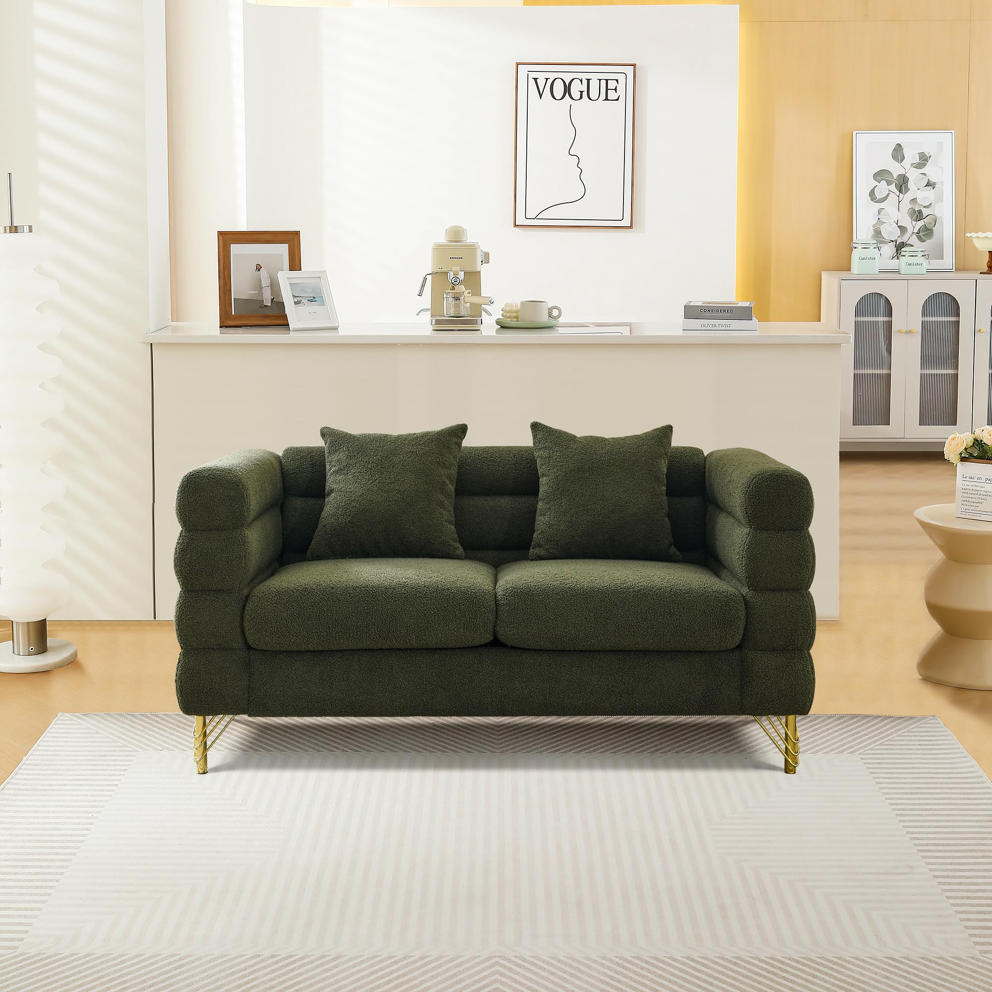 mikibama Modern Teddy Sectional Sofa, 81 Inch Oversized Sofa Couch, Luxury 3 Seater Deep Couch with 3 Pillows and Gold Metal Legs for Living Room, Bedroom, Apartment (Black)