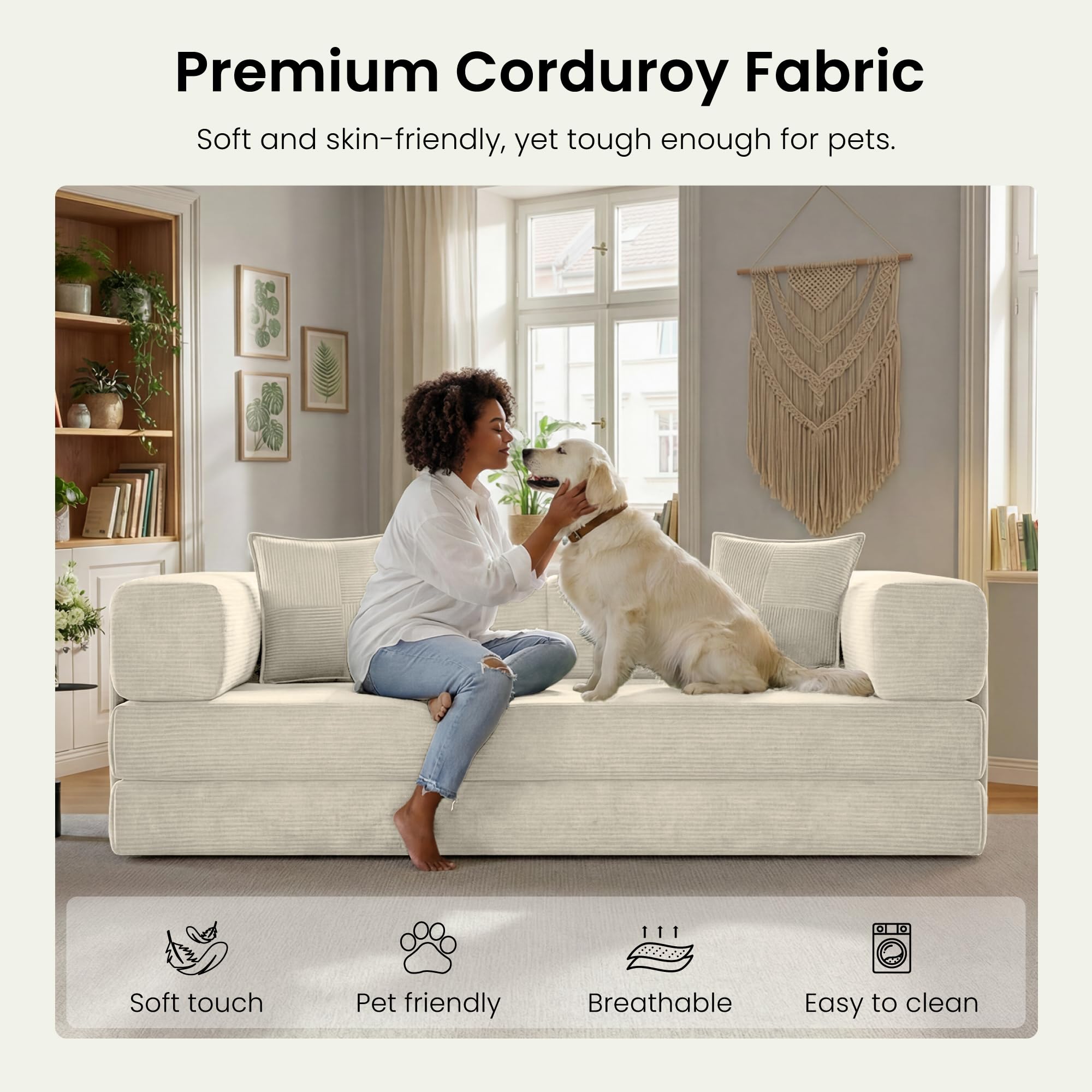 78.8" Convertible Futon Sofa Bed,Corduroy Futon Couch with Storage Pocket,Folding Pull Out Sofa,No Assembly Boneless Couch for Living Room | Pink