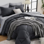 HEVUMYI 7 Pieces Queen Comforter Set, All Season Reversible Bed in a Bag, Ultra Soft Queen Bedding Set with Grey Comforter, Flat Sheet, Fitted Sheet, Pillowcases, Pillow Shams, Dark Grey