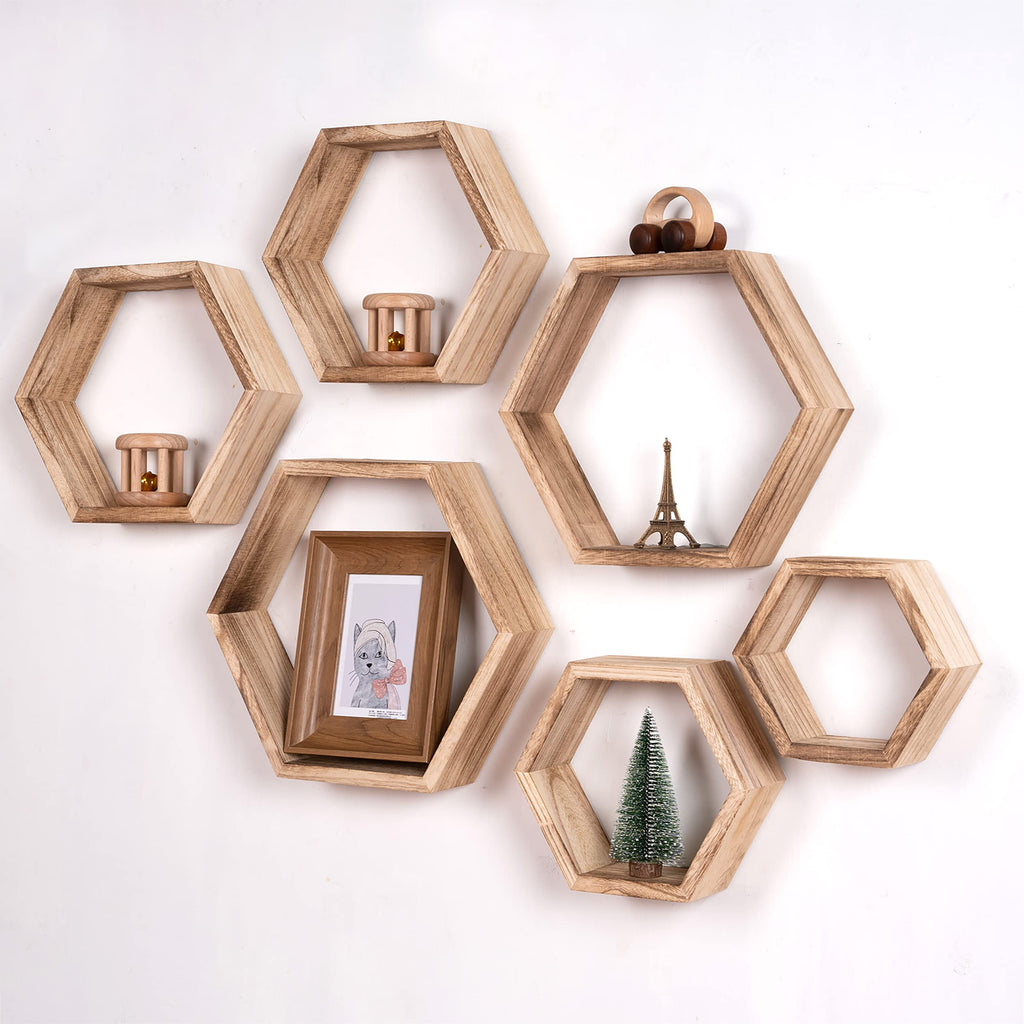 WONFUlity Hexagon Floating Shelves Honeycomb Shelves Wall Mounted Wood Farmhouse Storage Wall Shelf for Bathroom, Kitchen, Bedroom, Living Room,Driftwood Finish Decor,Dark Brwon