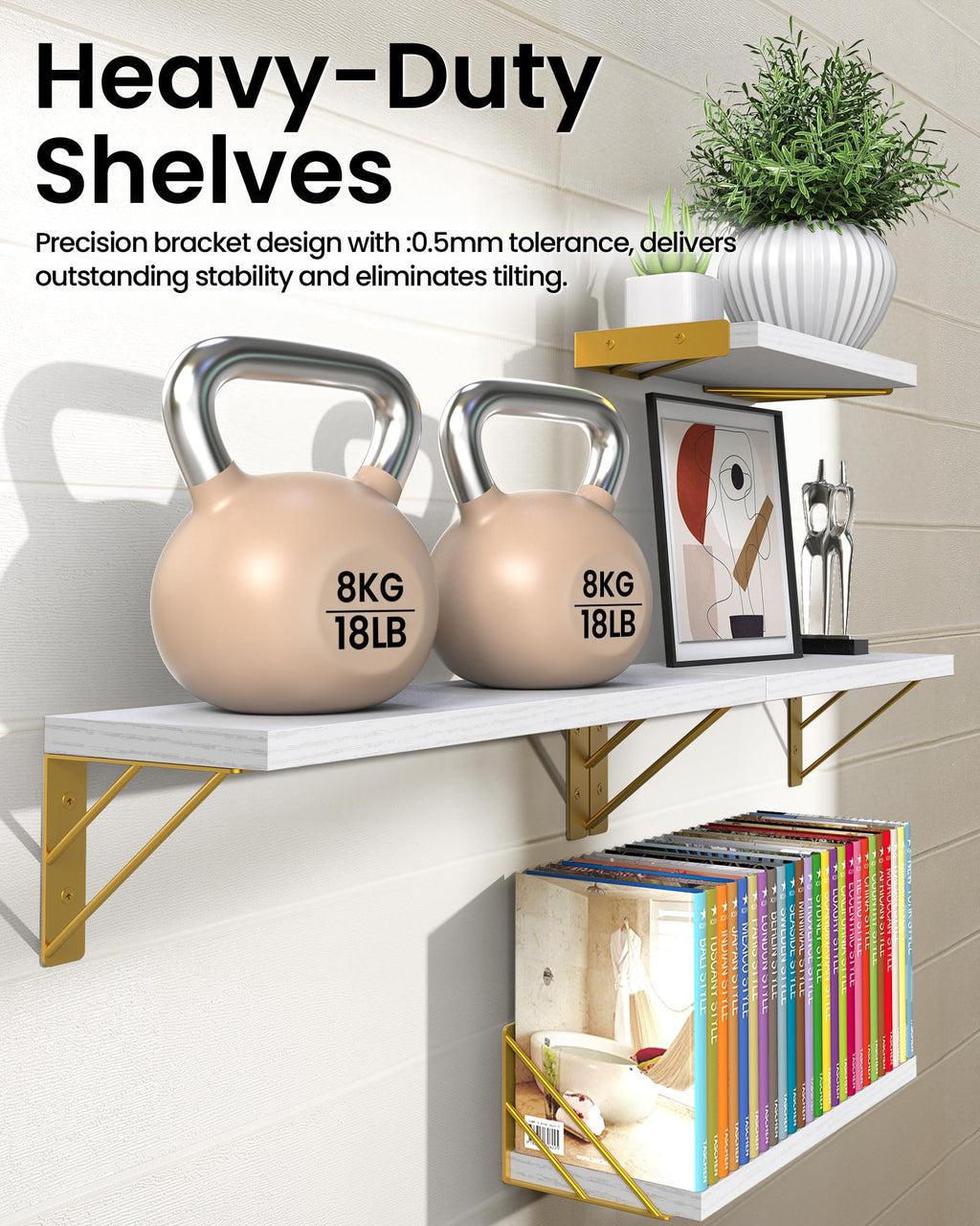 BAYKA Floating Shelves for Bedroom Decor, Wall Shelves for Storage, Wall Mounted Rustic Wood Floating Shelf for Books,Corner Shelf for Bathroom,Kitchen,Living Room(Black and Gold，Set of 4)