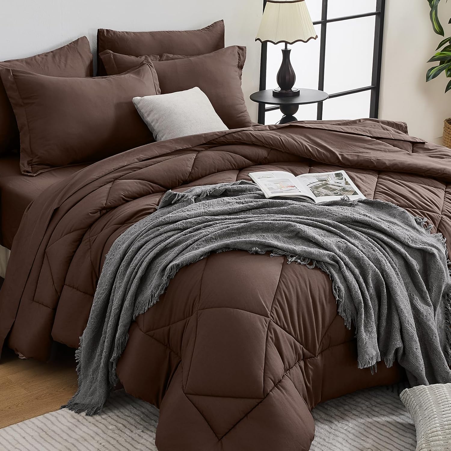 HEVUMYI 7 Pieces Queen Comforter Set, All Season Reversible Bed in a Bag, Ultra Soft Queen Bedding Set with Grey Comforter, Flat Sheet, Fitted Sheet, Pillowcases, Pillow Shams, Dark Grey