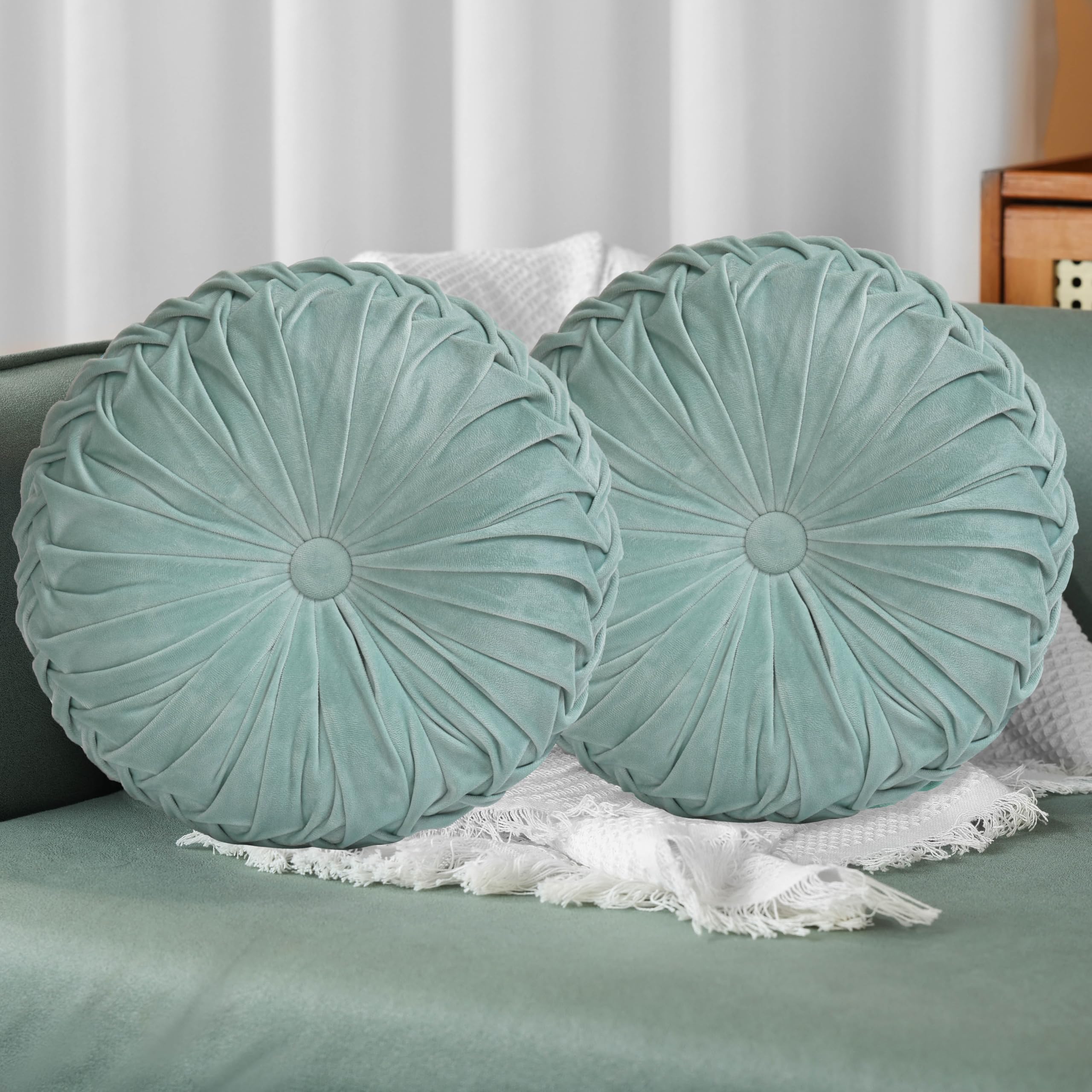 HIG Set of 2 Decorative Round Pleated Throw Pillows,Classy Accent Pumpkin Throw Pillows with Center Button,Vintage Velvet Floor Pillows for Sofa Vanity Chair Bed,Dusty Rose,14.5" Diameter(Ripple)