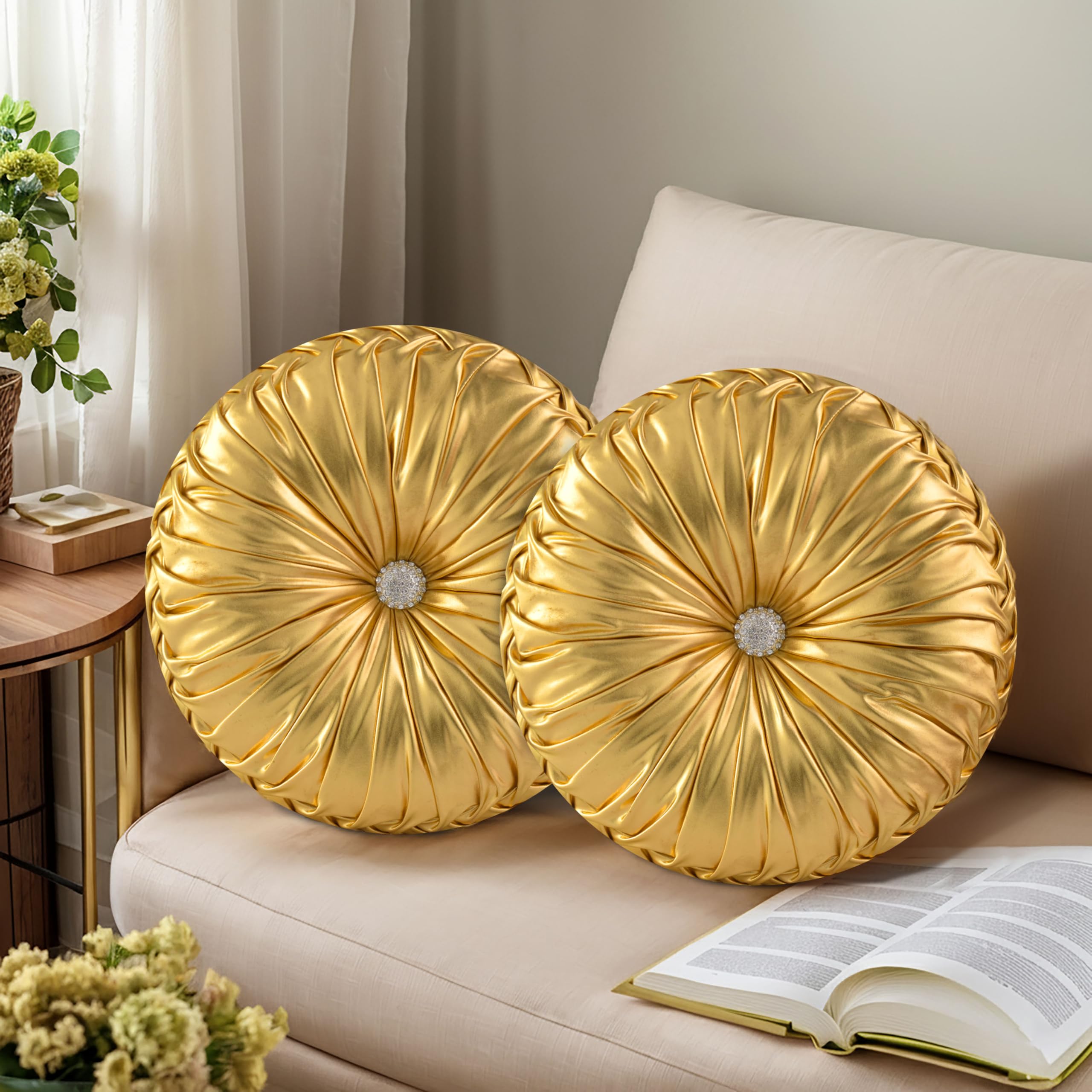 HIG Set of 2 Decorative Round Pleated Throw Pillows,Classy Accent Pumpkin Throw Pillows with Center Button,Vintage Velvet Floor Pillows for Sofa Vanity Chair Bed,Dusty Rose,14.5" Diameter(Ripple)