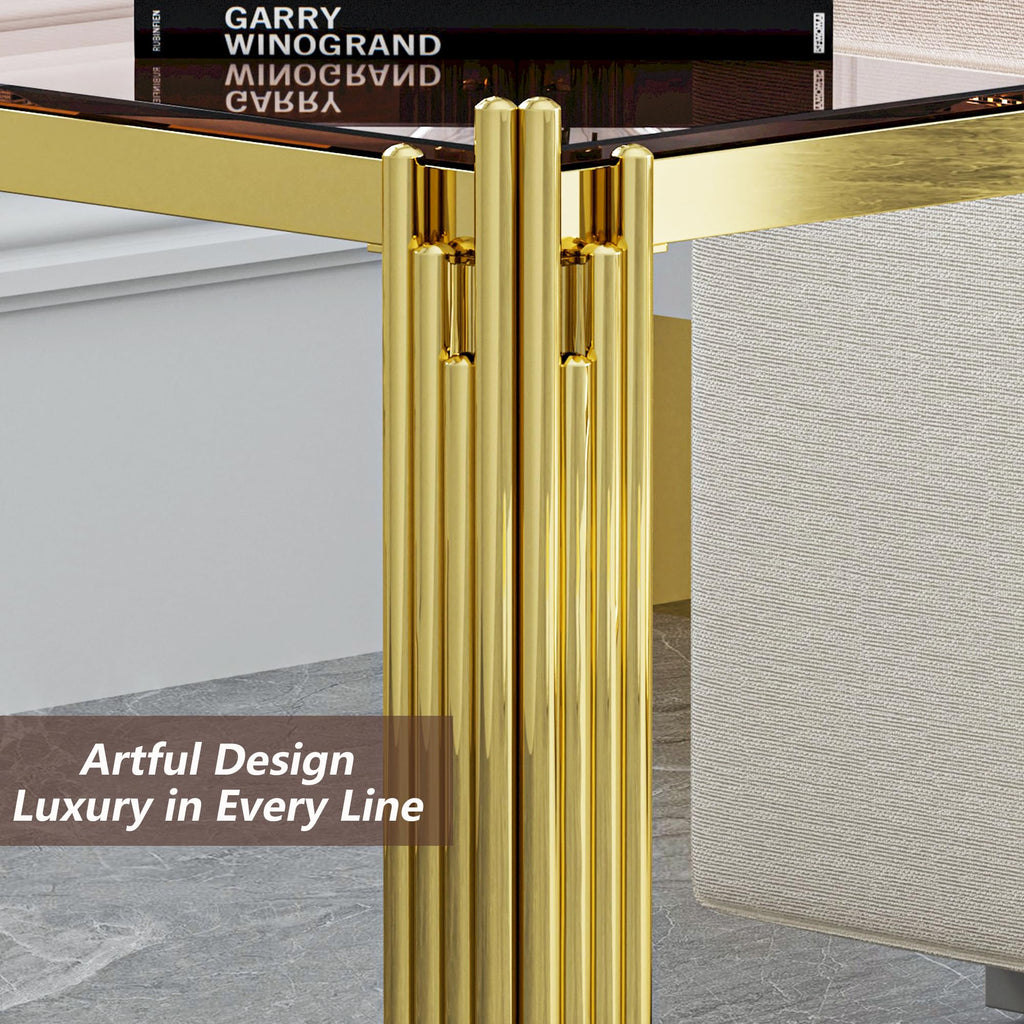 Luxury Gold Square Glass End Table, 19.7" Modern Side Table with Stainless Steel Irregular Leg Clear Tempered Glass Tabletop, Accent Furniture for Living Room, Clear