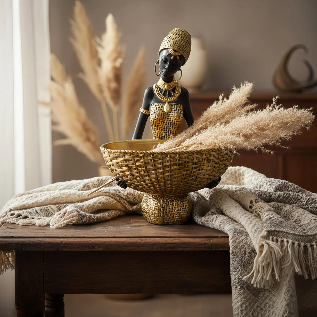 Lescafita African Woman Sculpture with Gold Leaf Bowl, Handmade Resin Figurine, Exotic Tribal Art Statue for Living Room, Dining Table, or Entryway Decoration