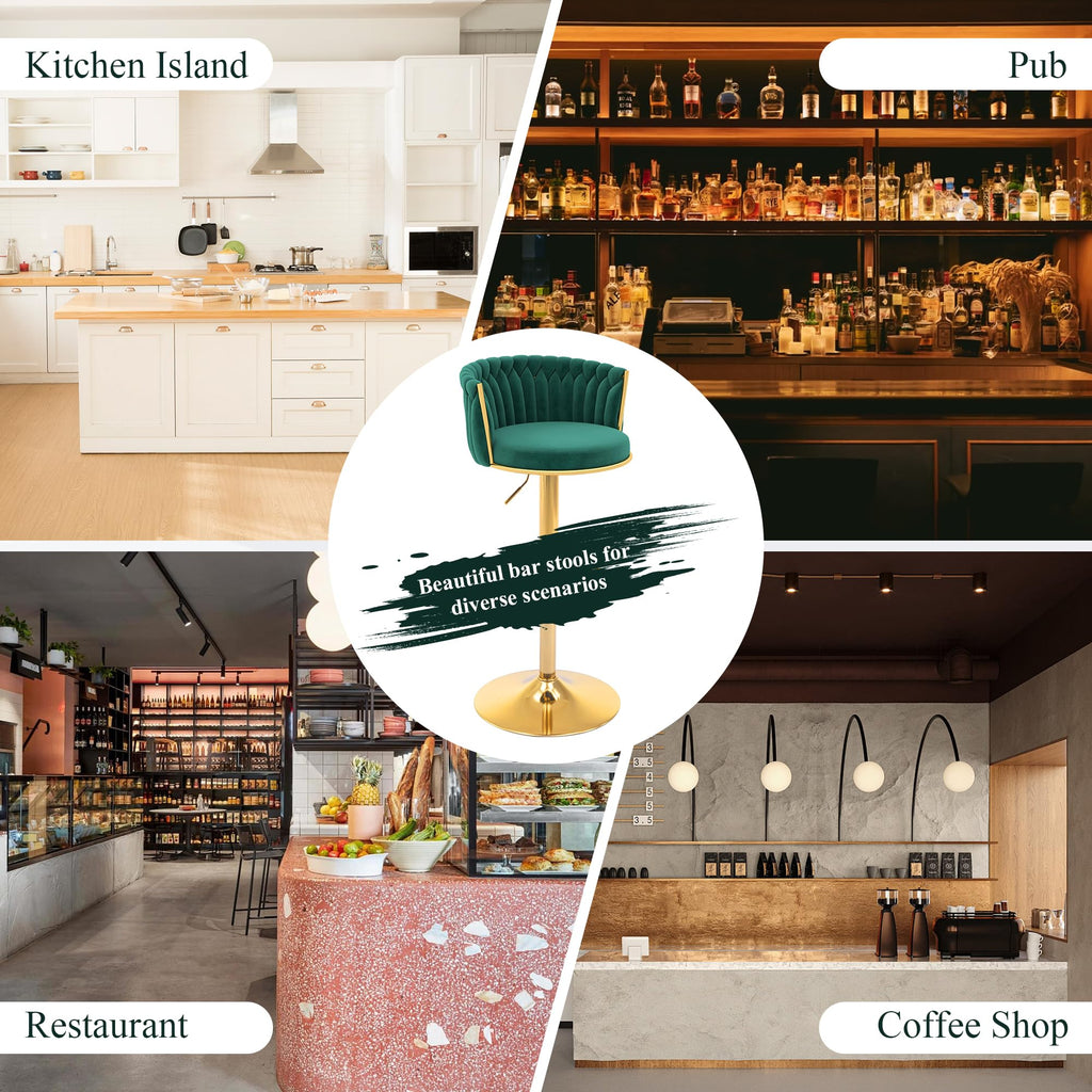 ABET Gold Bar Stool Set of 2, Velvet Swivel Barstools, Height Adjustable Counter Stools with Woven Back, Upholstered Modern Luxury Kitchen Stools with Footrest for Cafe, Pub, Black