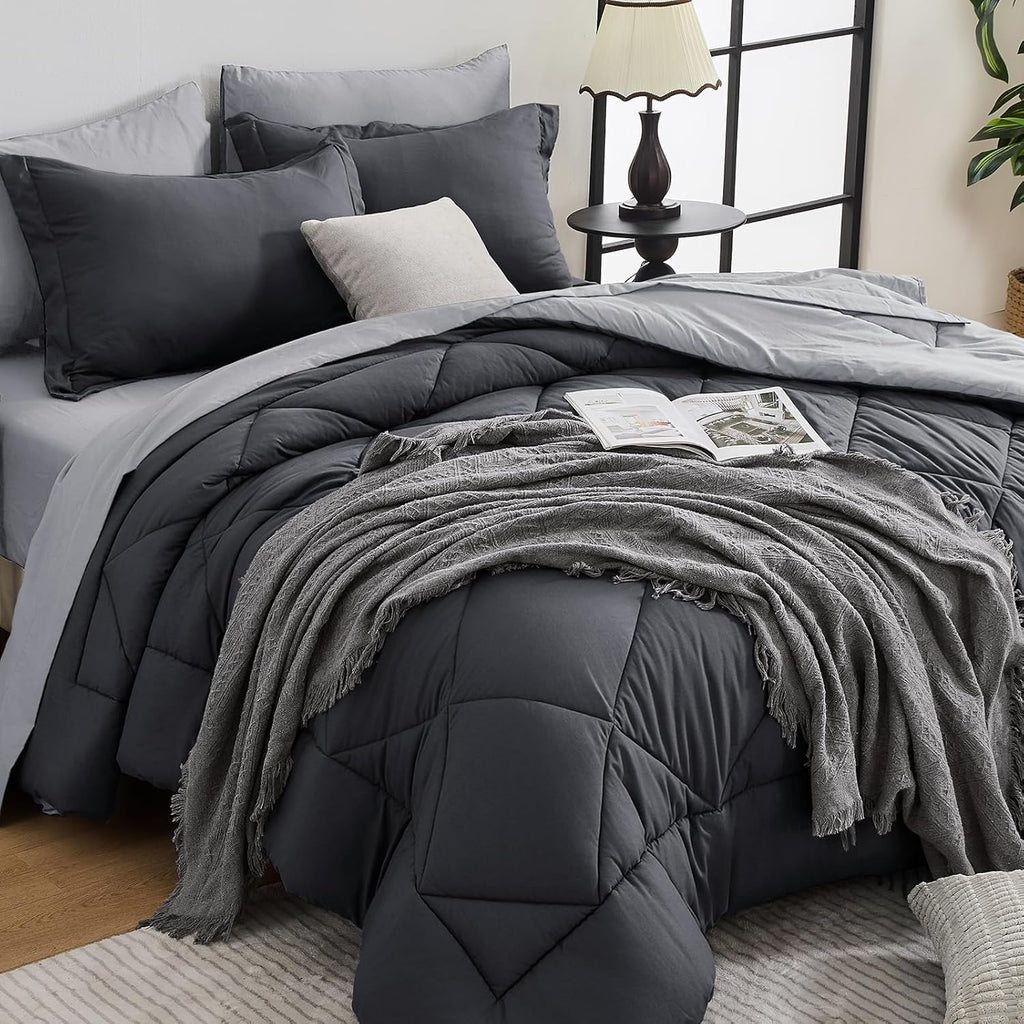 HEVUMYI 7 Pieces Queen Comforter Set, All Season Reversible Bed in a Bag, Ultra Soft Queen Bedding Set with Grey Comforter, Flat Sheet, Fitted Sheet, Pillowcases, Pillow Shams, Dark Grey