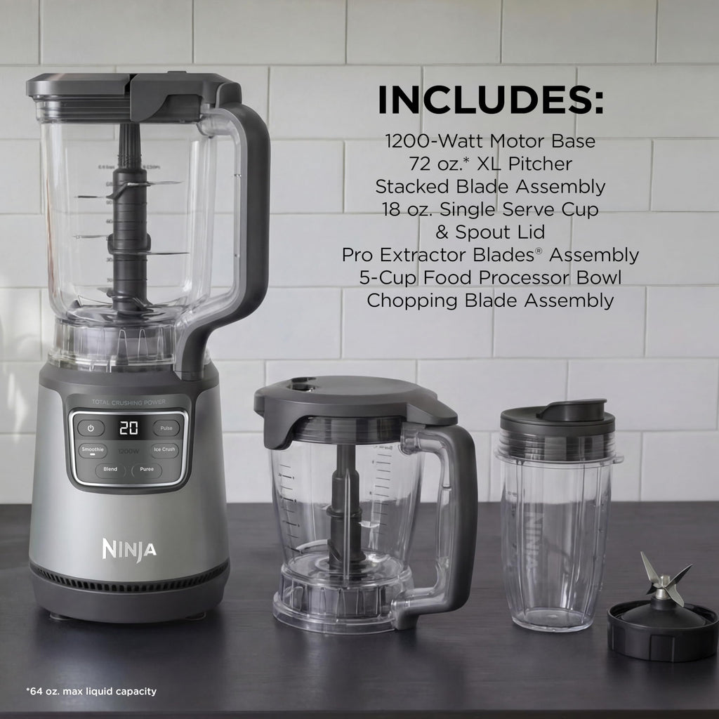 Ninja Kitchen System | All-in-One Food Processor & Blender for Smoothies | Includes Pitcher, (2) 16 oz. To-Go Cups & 8-Cup Bowl | Makes Salsa, Dough, Shakes, & Frozen Drinks | 1500W | Black | BL770