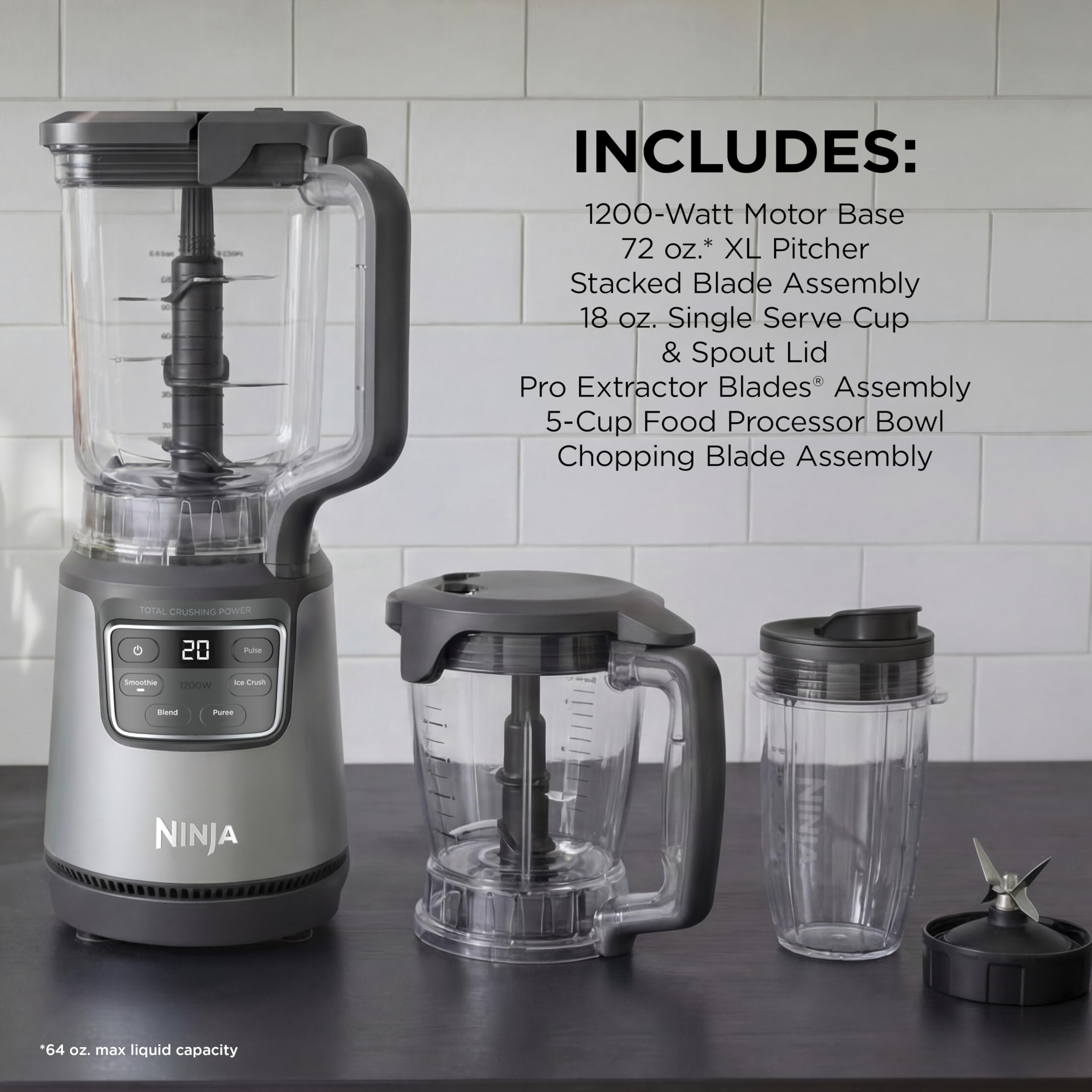 Ninja Kitchen System | All-in-One Food Processor & Blender for Smoothies | Includes Pitcher, (2) 16 oz. To-Go Cups & 8-Cup Bowl | Makes Salsa, Dough, Shakes, & Frozen Drinks | 1500W | Black | BL770