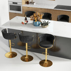 ABET Gold Bar Stool Set of 2, Velvet Swivel Barstools, Height Adjustable Counter Stools with Woven Back, Upholstered Modern Luxury Kitchen Stools with Footrest for Cafe, Pub, Black