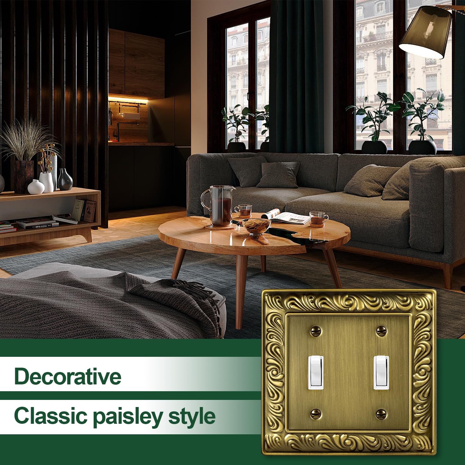 Antique Brass Duplex Outlet Cover Paisley Pattern Decorative Wall Plates for Electrical Outlet, Metal Switch Plates and Receptacle Cover for Kitchen Bathroom (1 Gang Duplex Outlet-6 Pack)