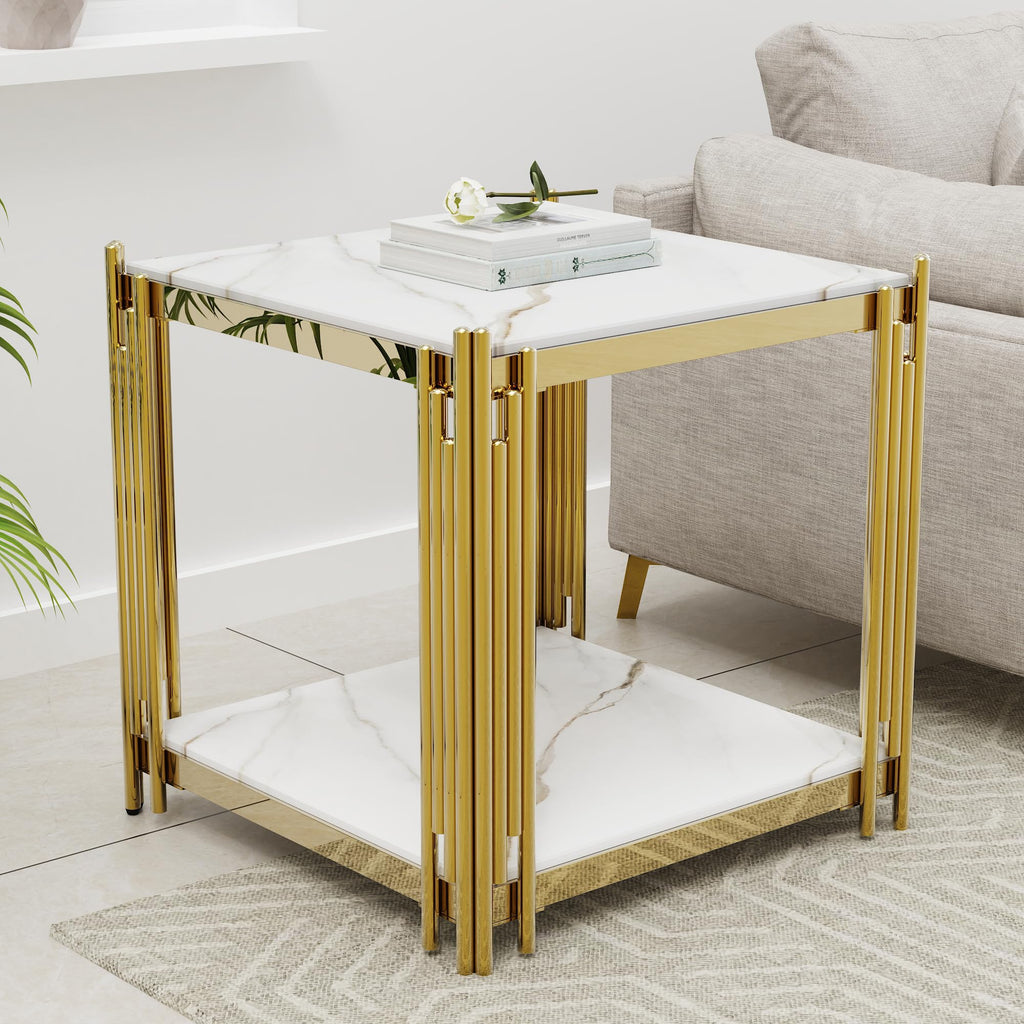 Luxury Gold Square Glass End Table, 19.7" Modern Side Table with Stainless Steel Irregular Leg Clear Tempered Glass Tabletop, Accent Furniture for Living Room, Clear