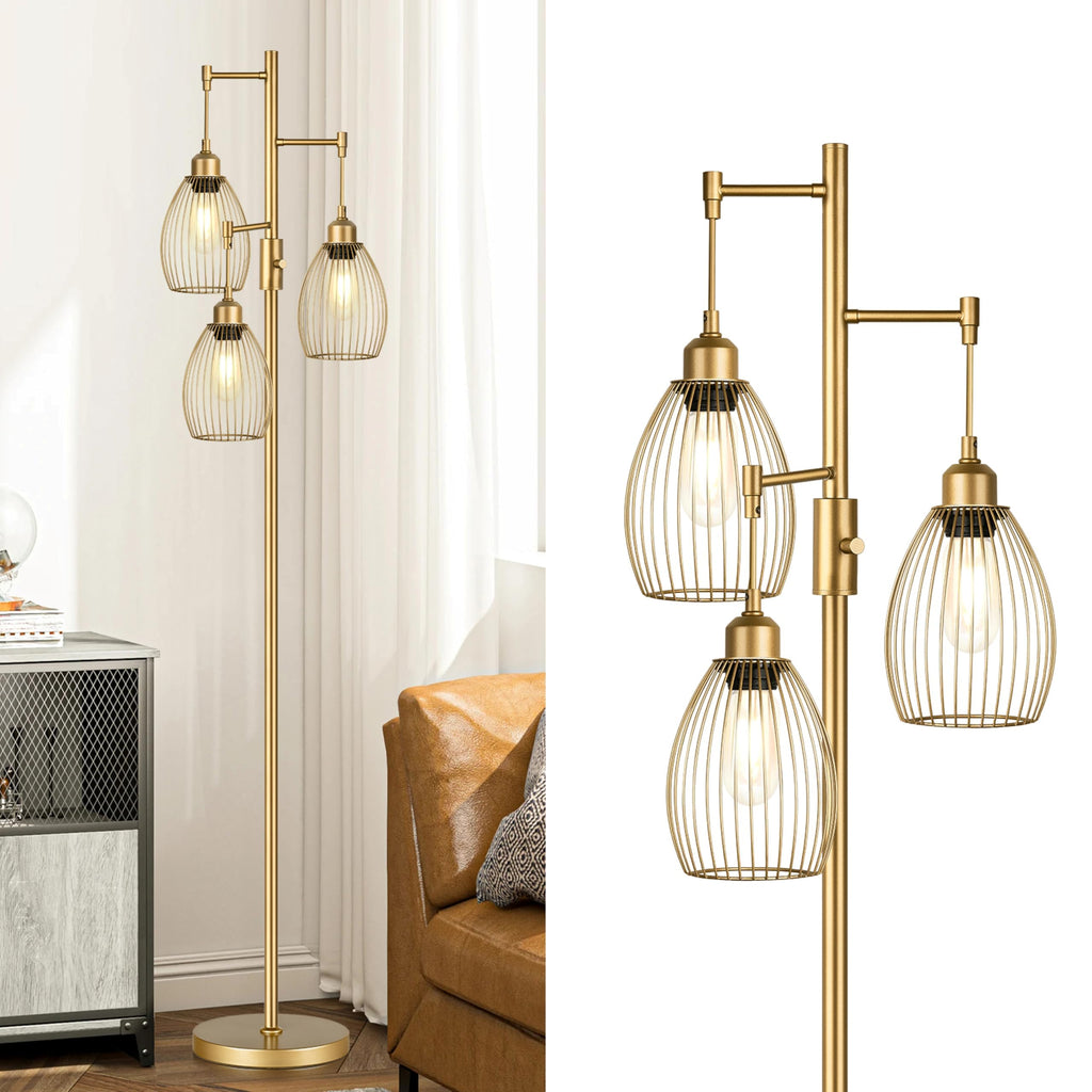 Dimmable Floor Lamp, Industrial Floor Lamps for Living Room, Gold Tree Lamp Standing Lamp Tall Lamps with 3 Elegant Teardrop Cage Head & 800 Lumens LED Bulbs for Living room Bedroom Office Dining Room