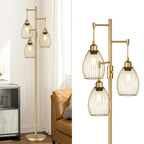 Dimmable Floor Lamp, Industrial Floor Lamps for Living Room, Gold Tree Lamp Standing Lamp Tall Lamps with 3 Elegant Teardrop Cage Head & 800 Lumens LED Bulbs for Living room Bedroom Office Dining Room