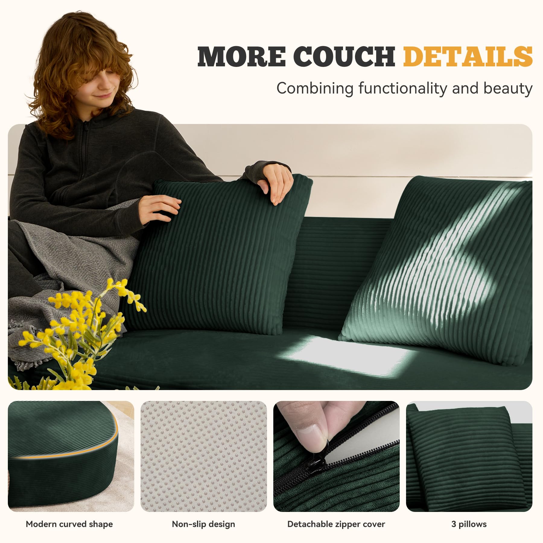 126" Curved Modular Sectional Sofa, Modern Boneless Couches for Living Room,No Assembly Required Cloud Couch,Brown Corduroy Fabric,1 PCS