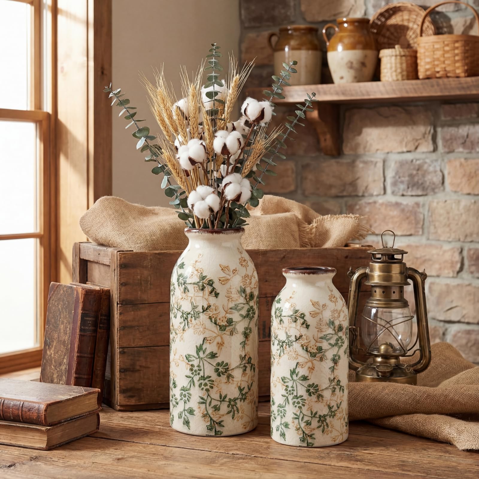 2 Pcs Vintage Ceramic Flower Vase Chinoiserie Antique Floral Vase Rustic Boho Farmhouse Decor for Home Table Bookshelf Aesthetic Centerpiece Gift(Vintage Green)