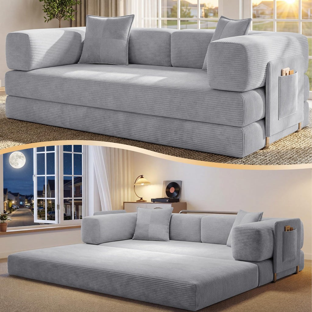78.8" Convertible Futon Sofa Bed,Corduroy Futon Couch with Storage Pocket,Folding Pull Out Sofa,No Assembly Boneless Couch for Living Room | Pink