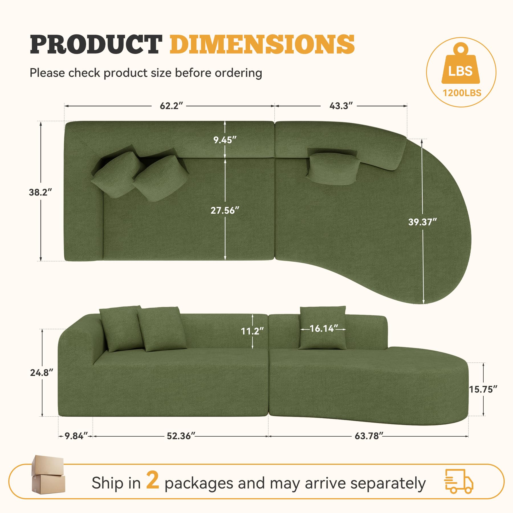 126" Curved Modular Sectional Sofa, Modern Boneless Couches for Living Room,No Assembly Required Cloud Couch,Brown Corduroy Fabric,1 PCS
