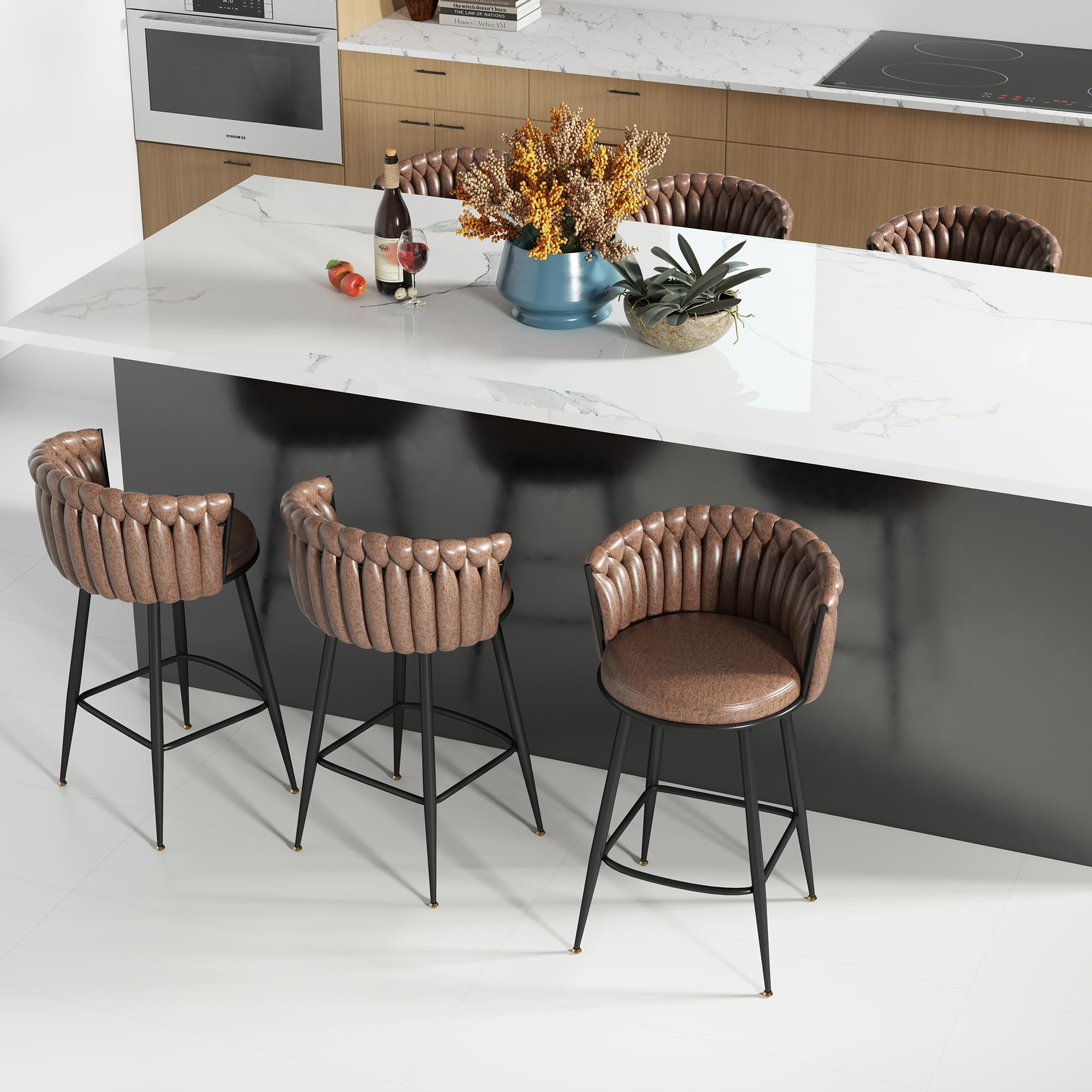 ABET Gold Bar Stool Set of 2, Velvet Swivel Barstools, Height Adjustable Counter Stools with Woven Back, Upholstered Modern Luxury Kitchen Stools with Footrest for Cafe, Pub, Black