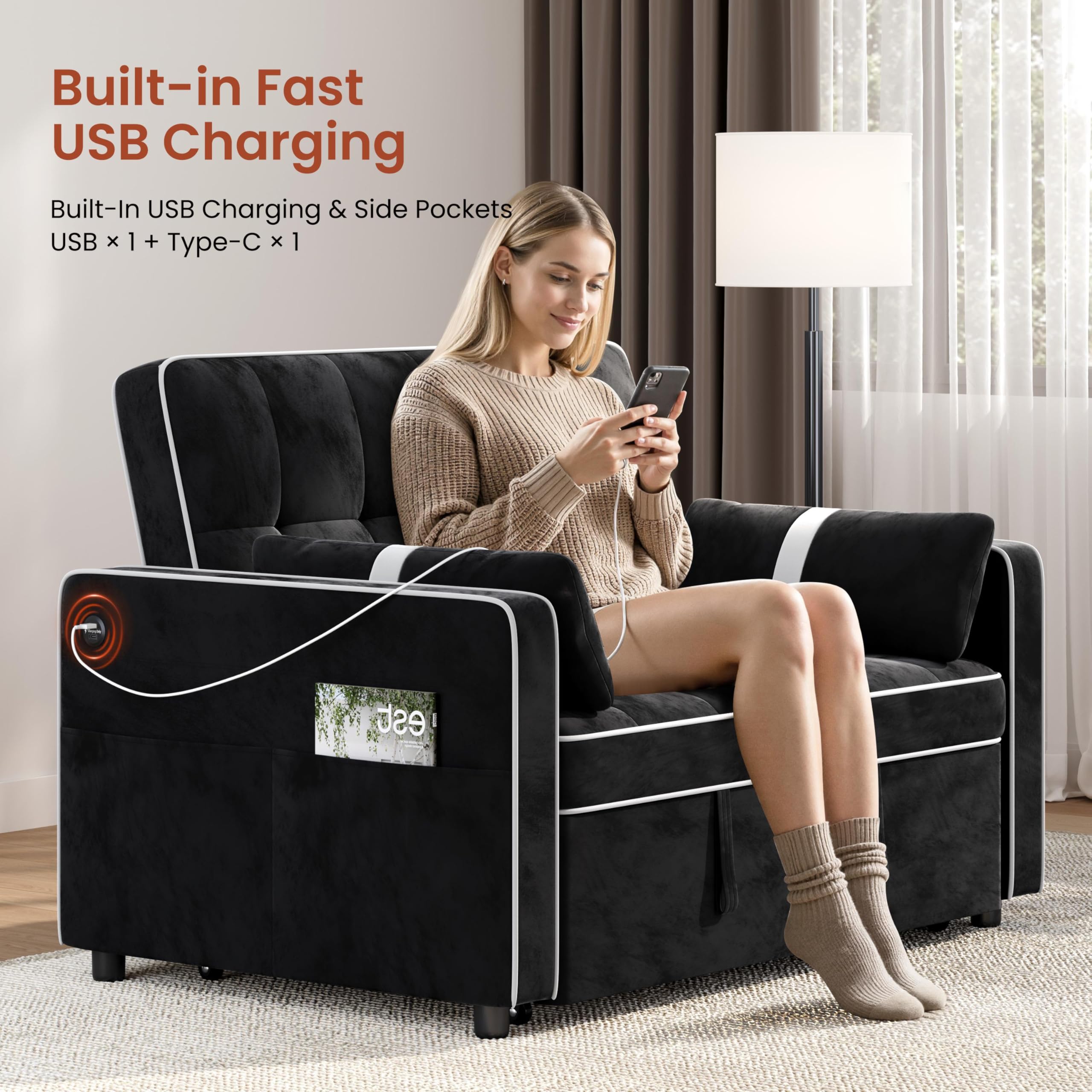 Yaheetech 3 in 1 Sofa Bed Convertible Velvet Sofa Pull Out Couch Folding Loveseat Sleeper with Adjustable Backrest, Armrest Pillows, USB Ports, Side Pockets for Living Room Bedroom Apartment, Beige