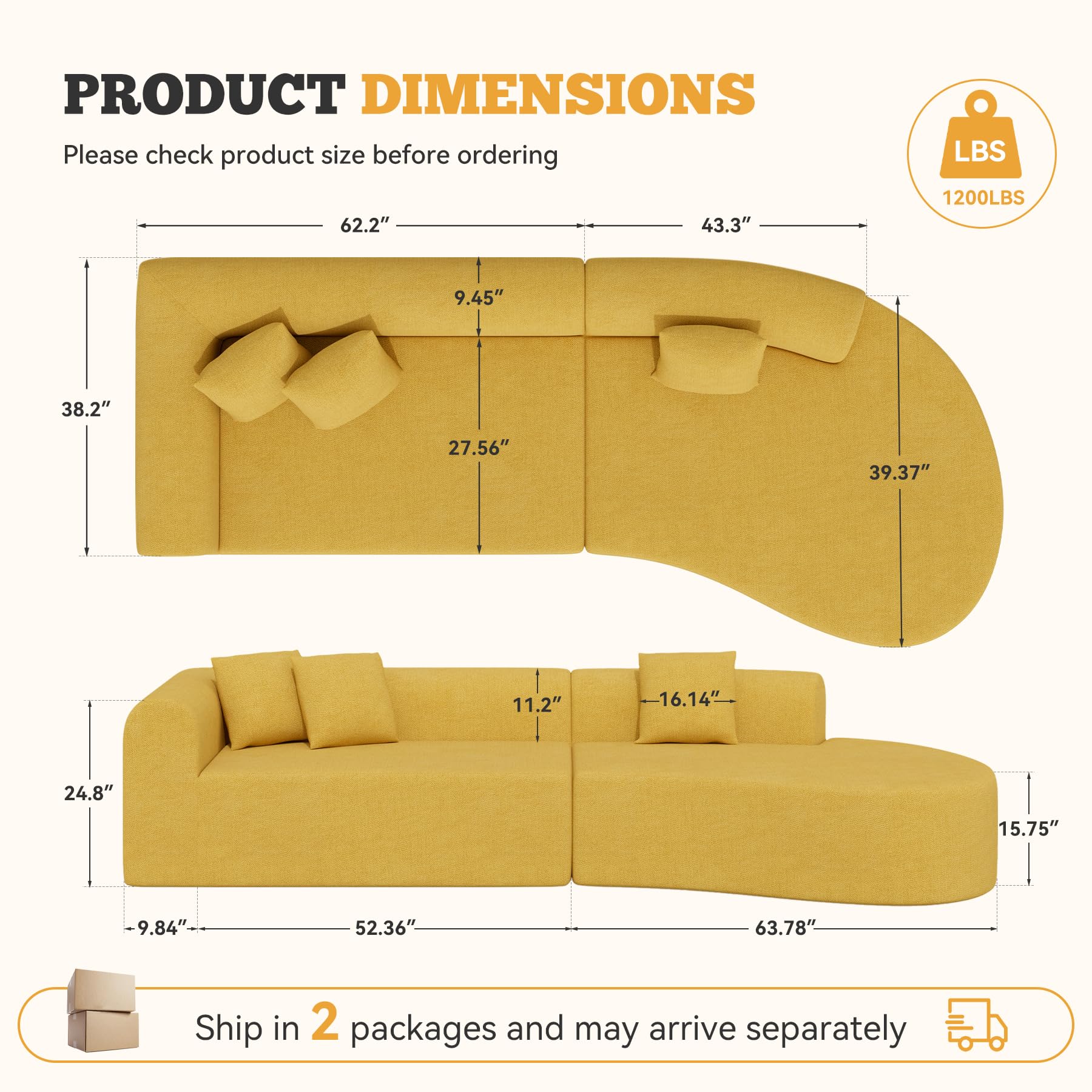 126" Curved Modular Sectional Sofa, Modern Boneless Couches for Living Room,No Assembly Required Cloud Couch,Brown Corduroy Fabric,1 PCS