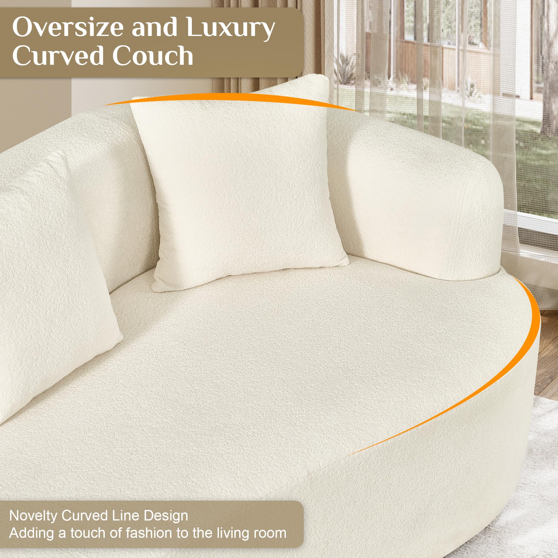 131" Oversized Sectional Sofa for Living Room, Modern Luxury Plush Chenille 4-Seater Extra Deep & Wide Seat Curved Cloud Couch with 4 Throw Pillows, No Assembly Needed, Light Brown