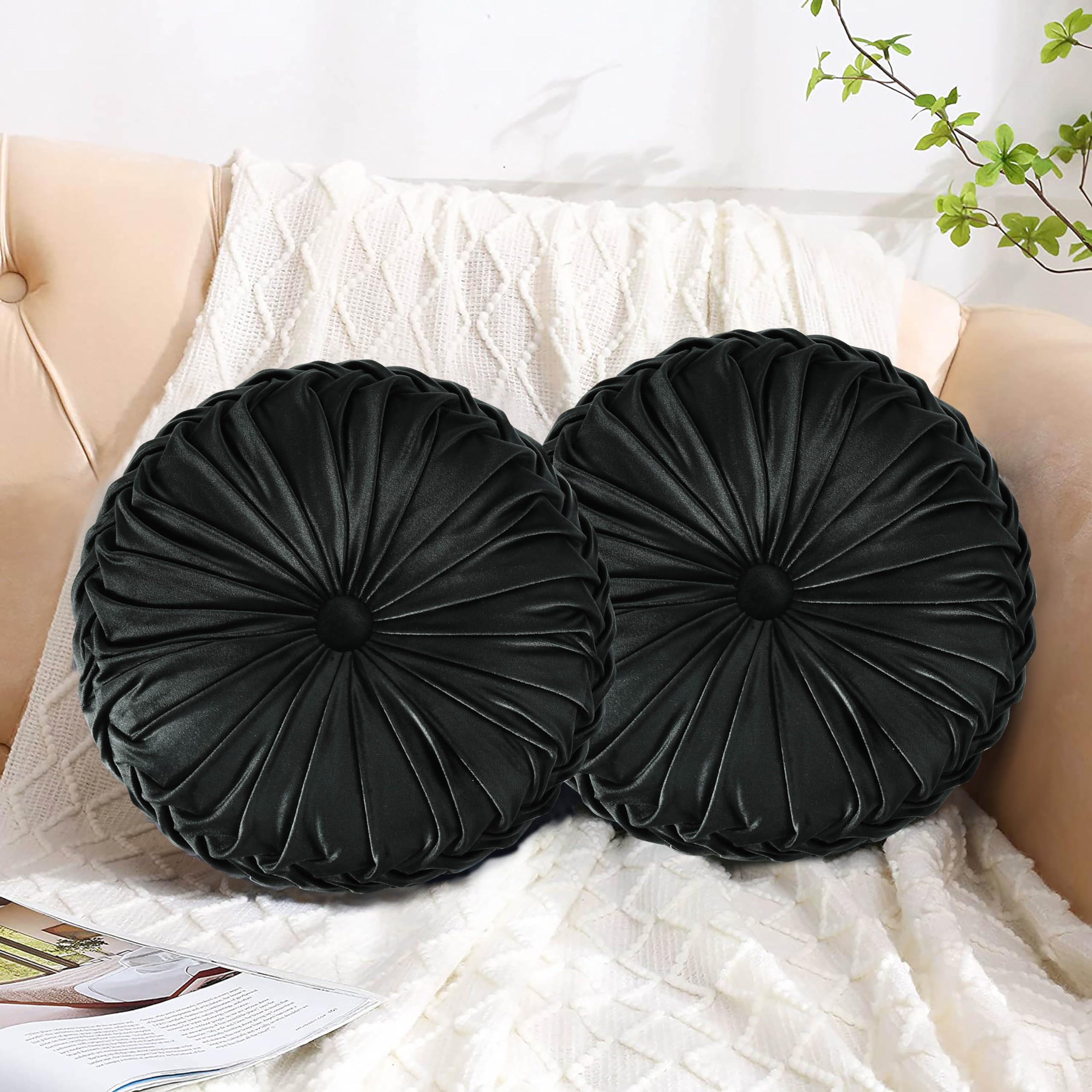 HIG Set of 2 Decorative Round Pleated Throw Pillows,Classy Accent Pumpkin Throw Pillows with Center Button,Vintage Velvet Floor Pillows for Sofa Vanity Chair Bed,Dusty Rose,14.5" Diameter(Ripple)