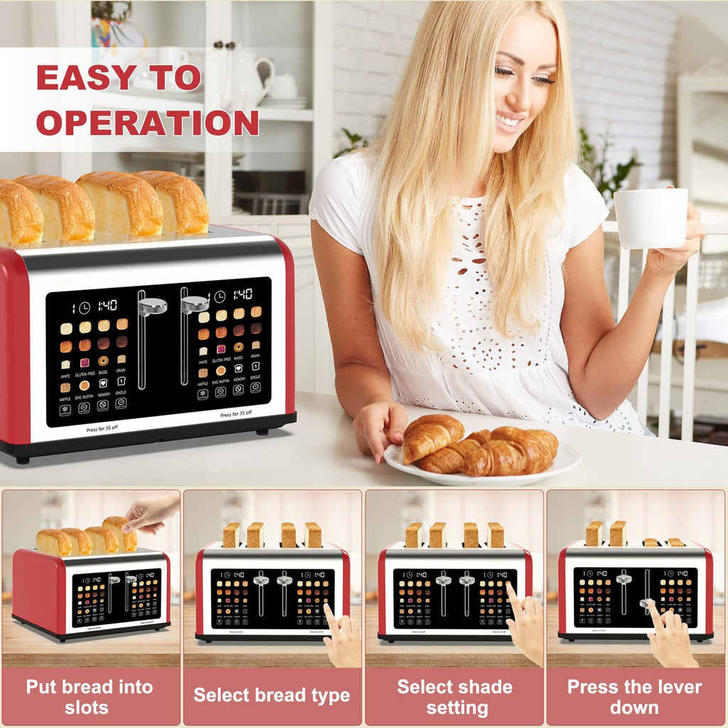 4 Slice Toaster Touch Screen, Stainless Steel Toasters Digital Timer, Dual Control Panel Toasters, 8 Shade Settings 6 Bread Types for Bagel, Cancel, Defrost 1650W