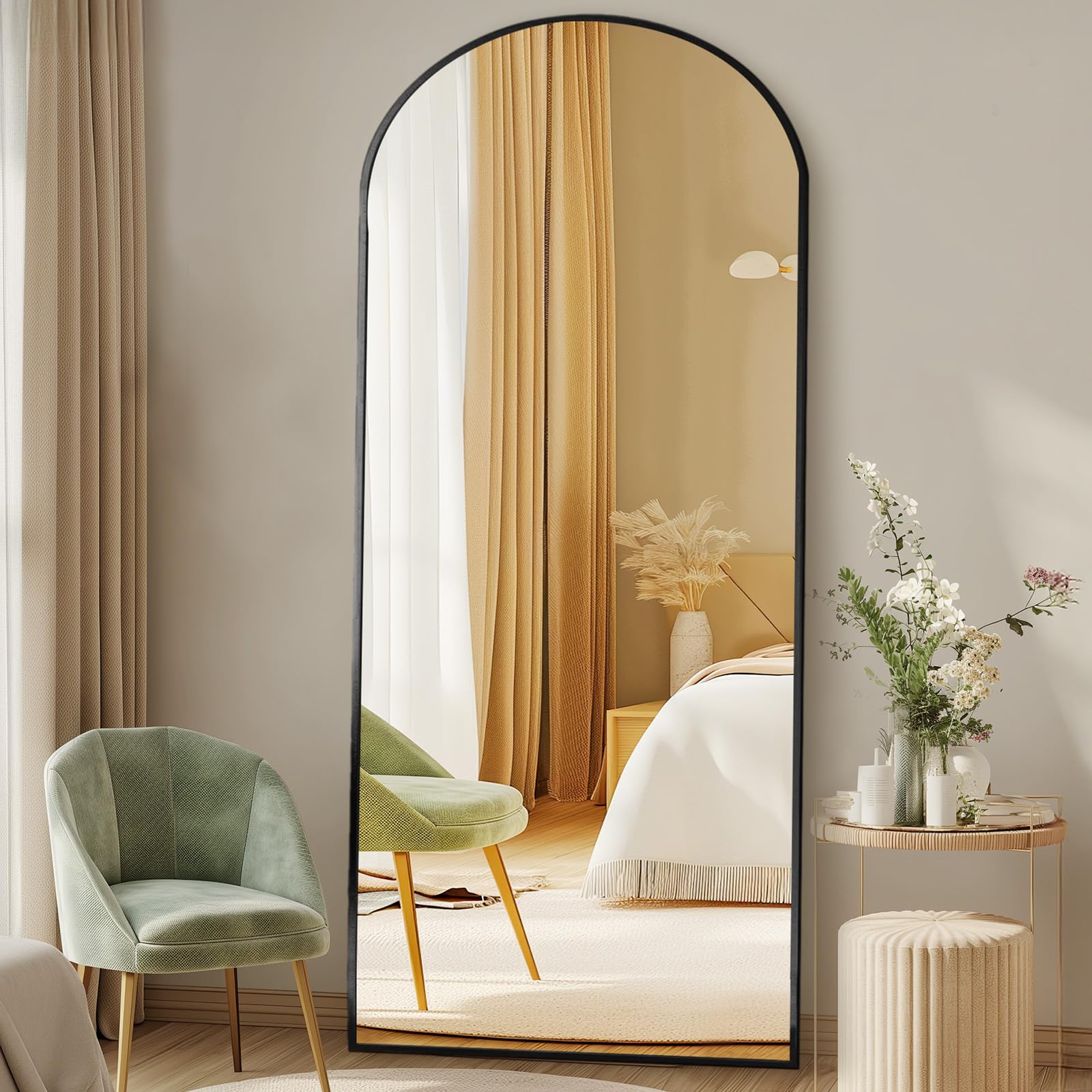 DUMOS Arched Full Length Mirror with Stand 64"x21" Floor Standing Aluminum Frame for Bedroom Body Hanging Leaning Modern Simple Home Decor Shatter-proorf Nano Glass Wall Living Room Cloakroom Black