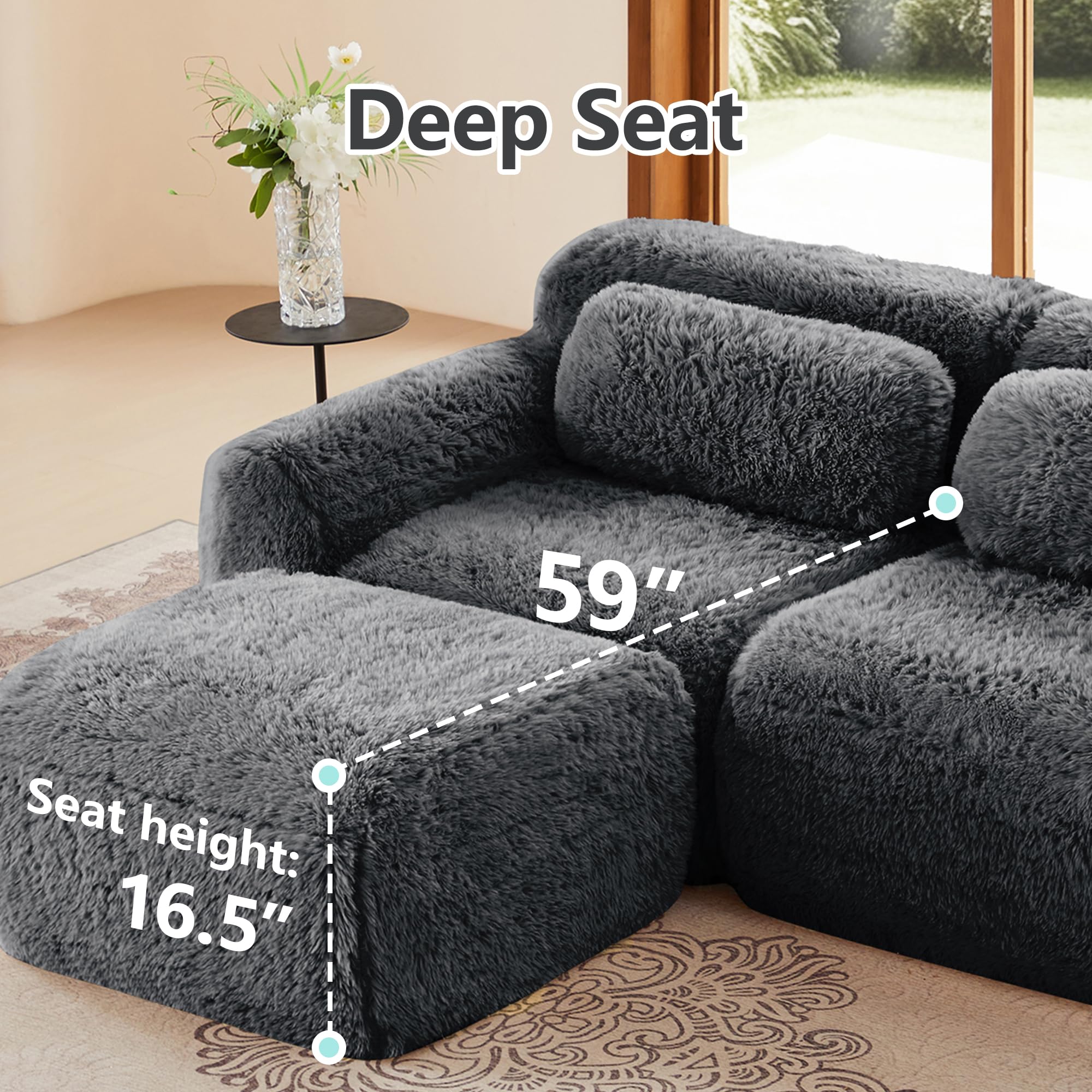 98.4-Inch Oversized Boneless Cloud Couches Deep Seat Foam Sofa Couch with 2 Round Toss Pillows, Luxury Corduroy Upholstered 3 Seat Tufted Loveseat, Cloud Sofa in a Box