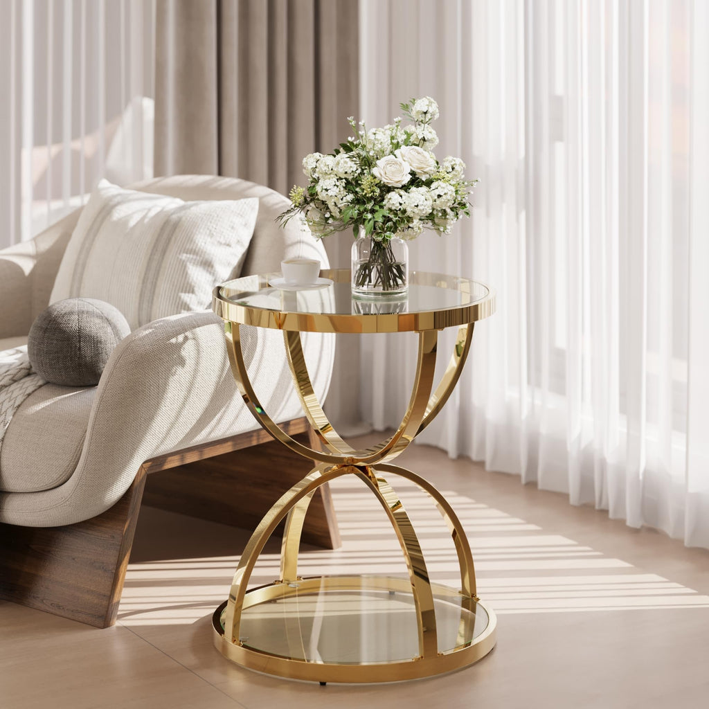 32" Tempered Glass Round Coffee Table Modern Gold Frame Ring Base Single-Layer Circle Living Room Center Tables