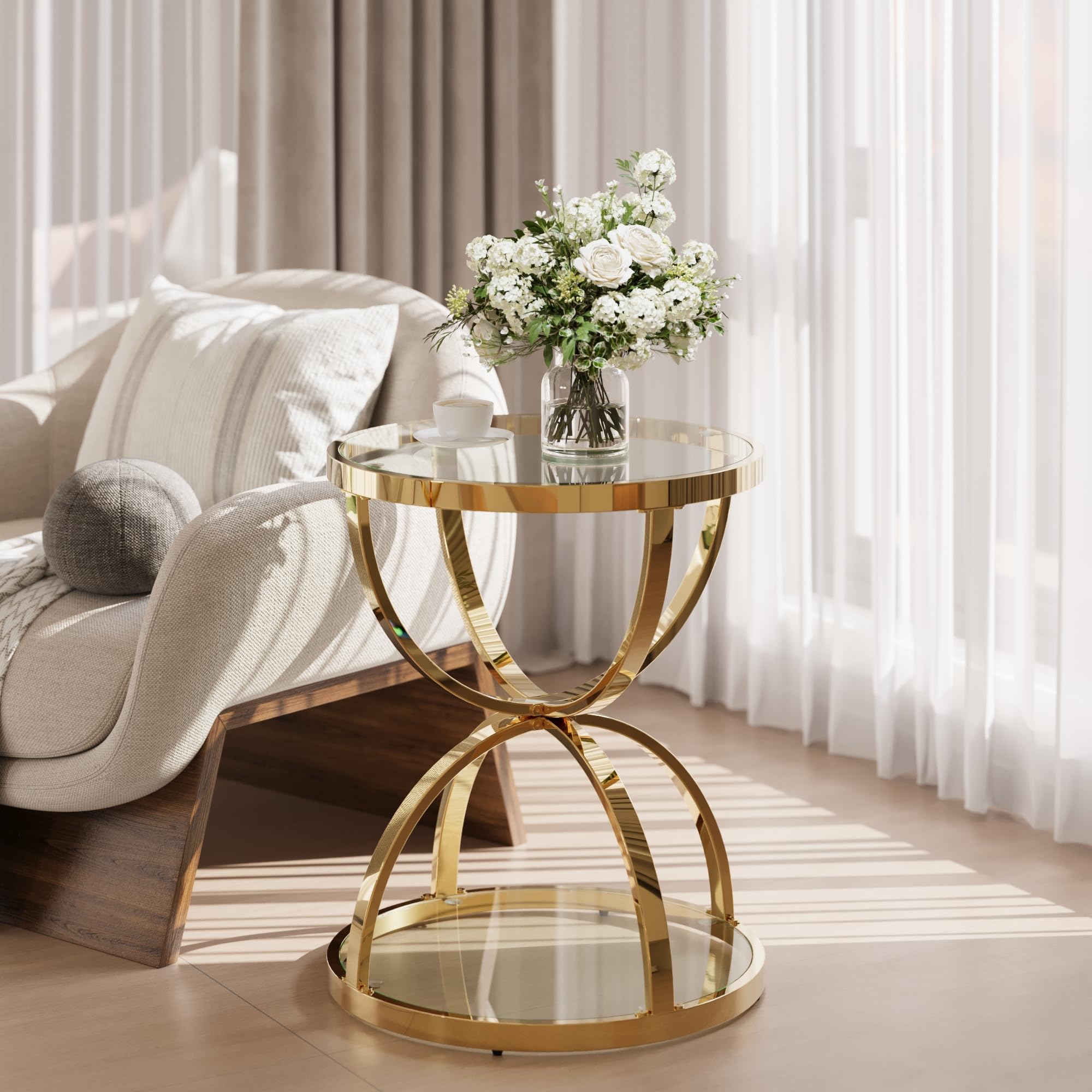 32" Tempered Glass Round Coffee Table Modern Gold Frame Ring Base Single-Layer Circle Living Room Center Tables