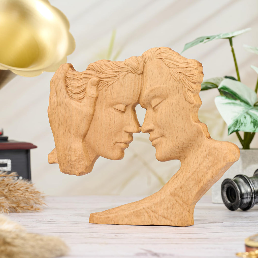 BGCOPPER Wooden Kissing Couple Ornament, Abstract Couple Portrait Sculpture Romantic Love Statue Decor Gift for Women Anniversary Valentine Wedding - 10 Inch