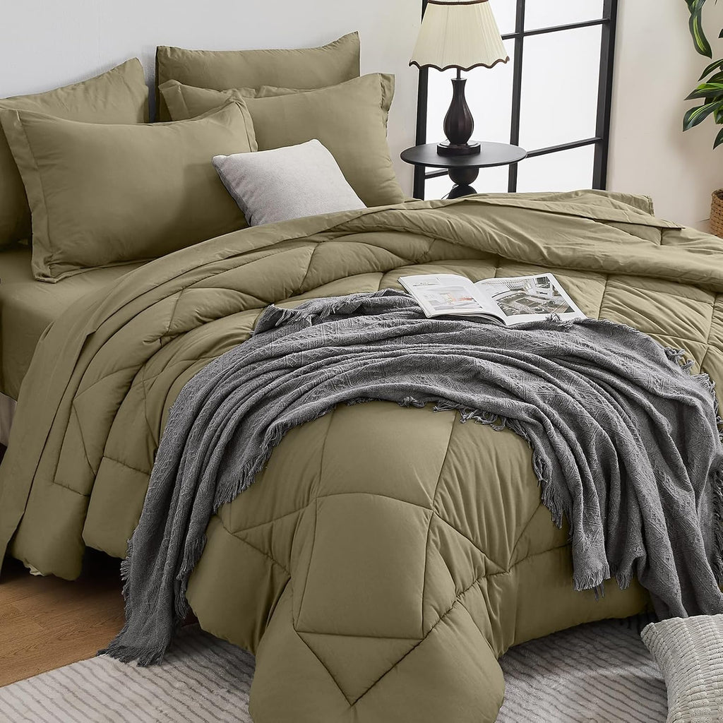 HEVUMYI 7 Pieces Queen Comforter Set, All Season Reversible Bed in a Bag, Ultra Soft Queen Bedding Set with Grey Comforter, Flat Sheet, Fitted Sheet, Pillowcases, Pillow Shams, Dark Grey