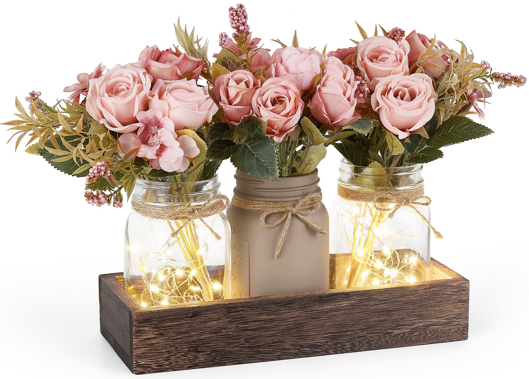 Mkono Mason Jar Lights Centerpiece Table Decor for Dining Room Farmhouse Wood Tray with 3 Jars Flowers Valentines Day Decoration for Coffee Table Kitchen Living Room Wedding