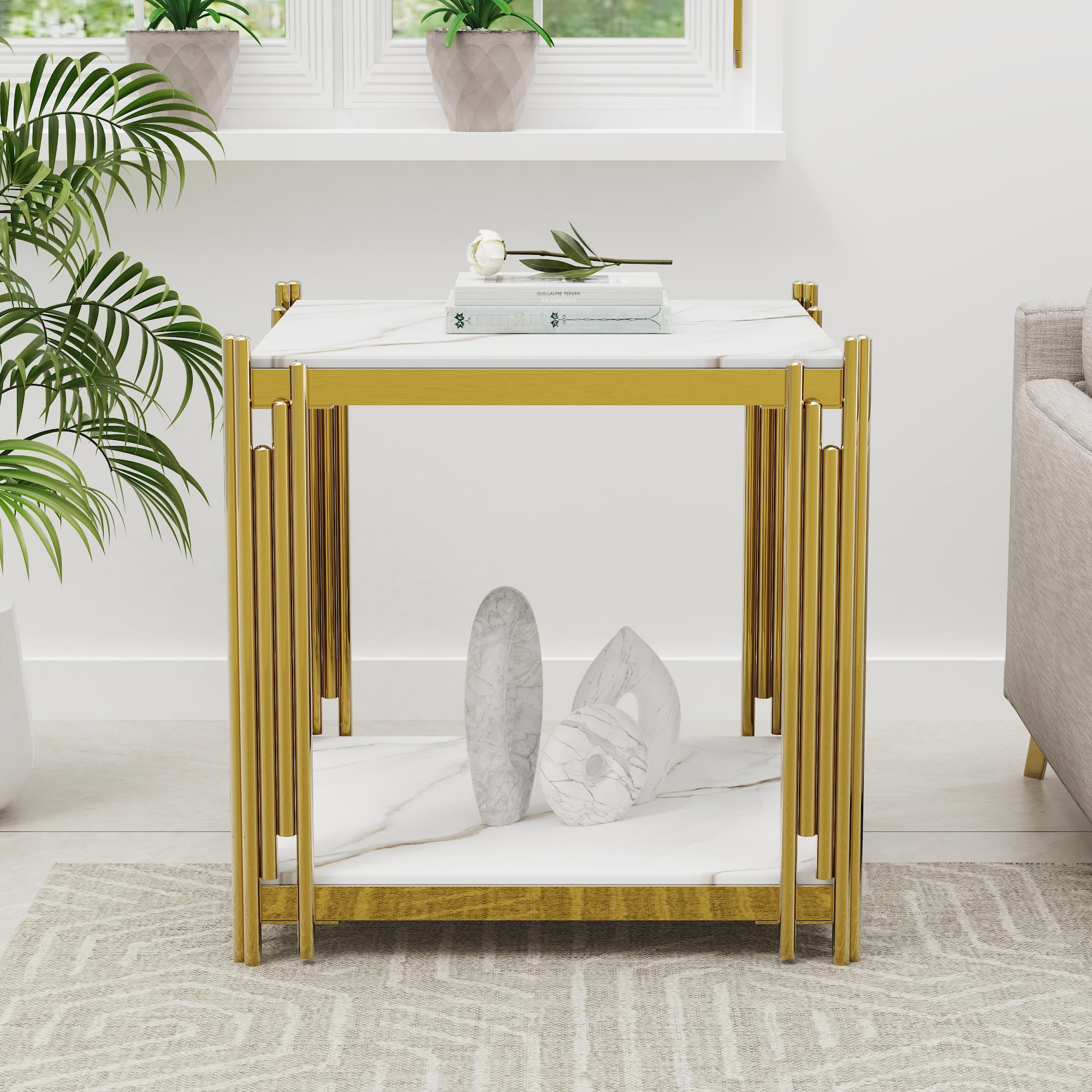 Luxury Gold Square Glass End Table, 19.7" Modern Side Table with Stainless Steel Irregular Leg Clear Tempered Glass Tabletop, Accent Furniture for Living Room, Clear