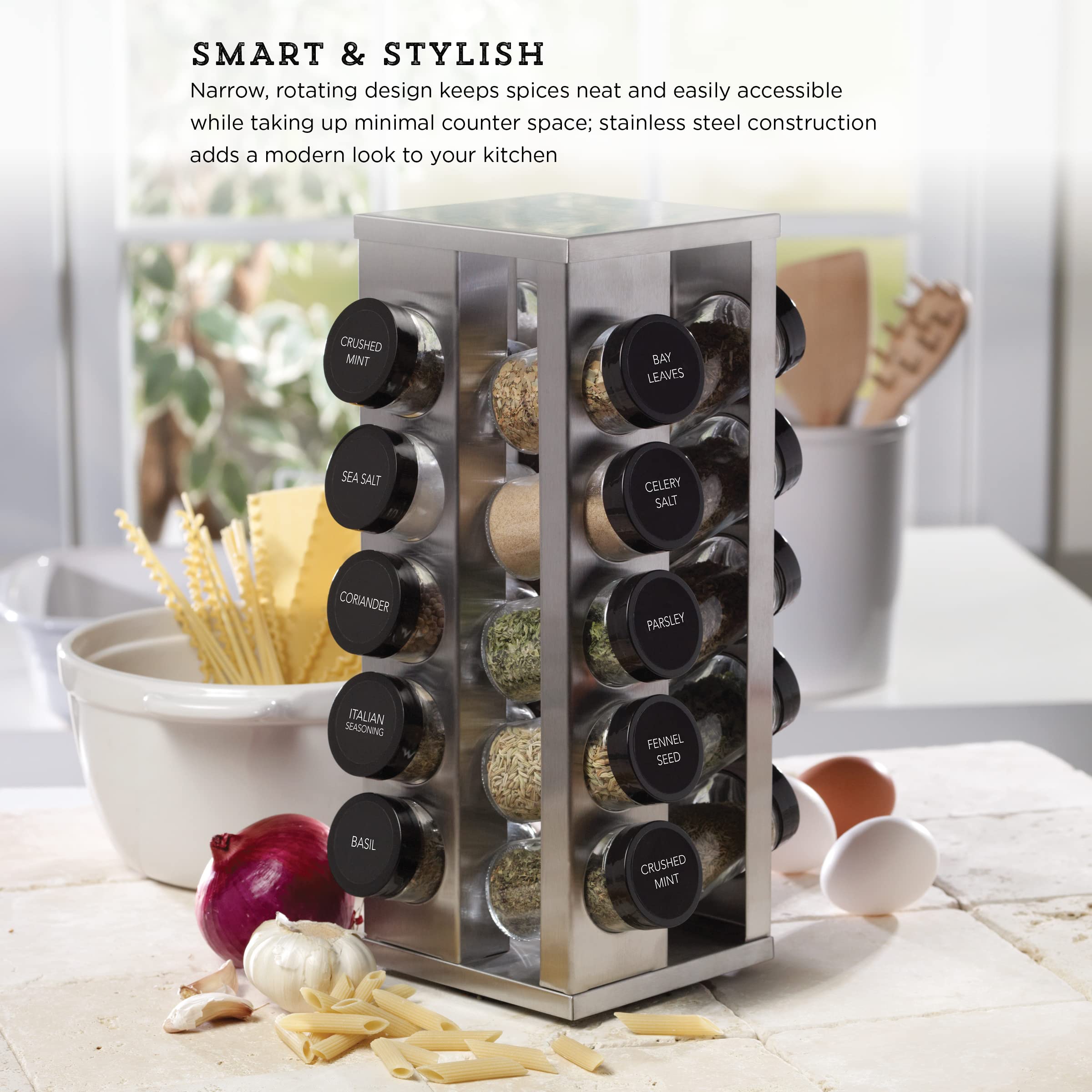 Kamenstein 20 Jar Revolving Countertop Spice Rack with Spices Included, FREE Spice Refills for 5 Years, Polished Stainless Steel with Black Caps, 30020