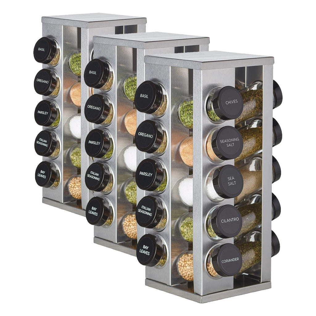 Kamenstein 20 Jar Revolving Countertop Spice Rack with Spices Included, FREE Spice Refills for 5 Years, Polished Stainless Steel with Black Caps, 30020
