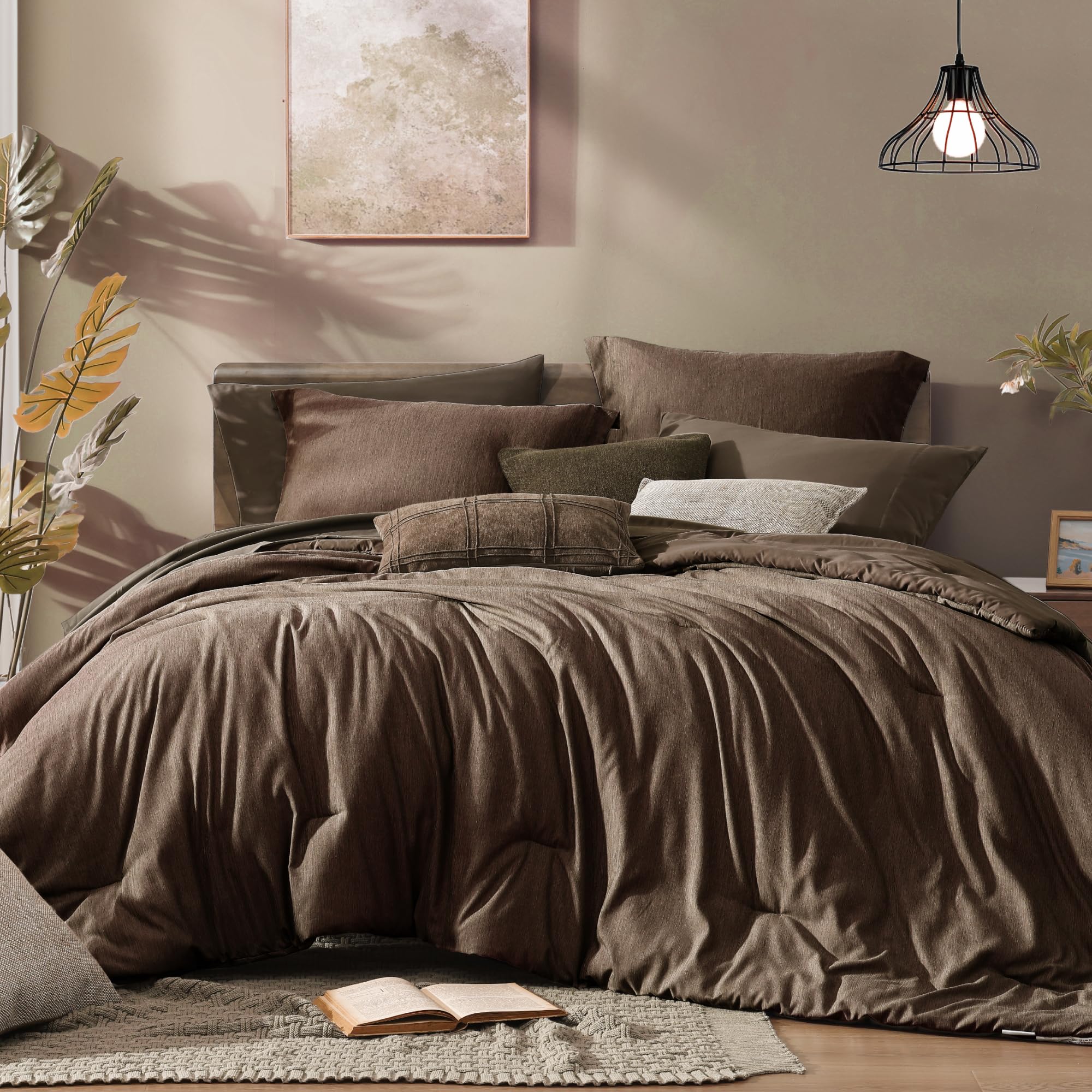 Monbix Queen Comforter Set - 7 Pieces Cationic Dyeing Autumn Leaf Bed in a Bag Queen Bedding Sets with Comforter, Sheets, Pillowcases & Shams, Reversible Bedding Comforters Sets