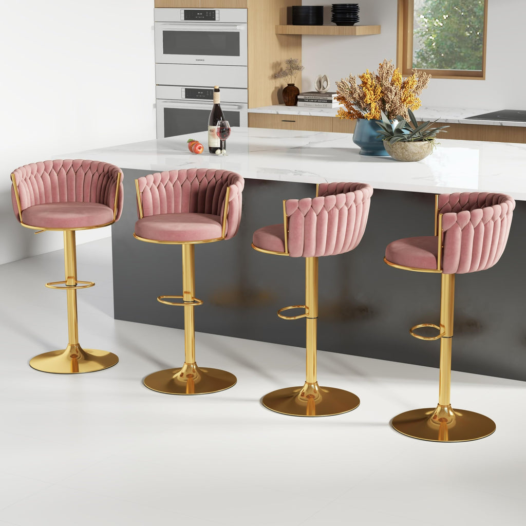ABET Gold Bar Stool Set of 2, Velvet Swivel Barstools, Height Adjustable Counter Stools with Woven Back, Upholstered Modern Luxury Kitchen Stools with Footrest for Cafe, Pub, Black