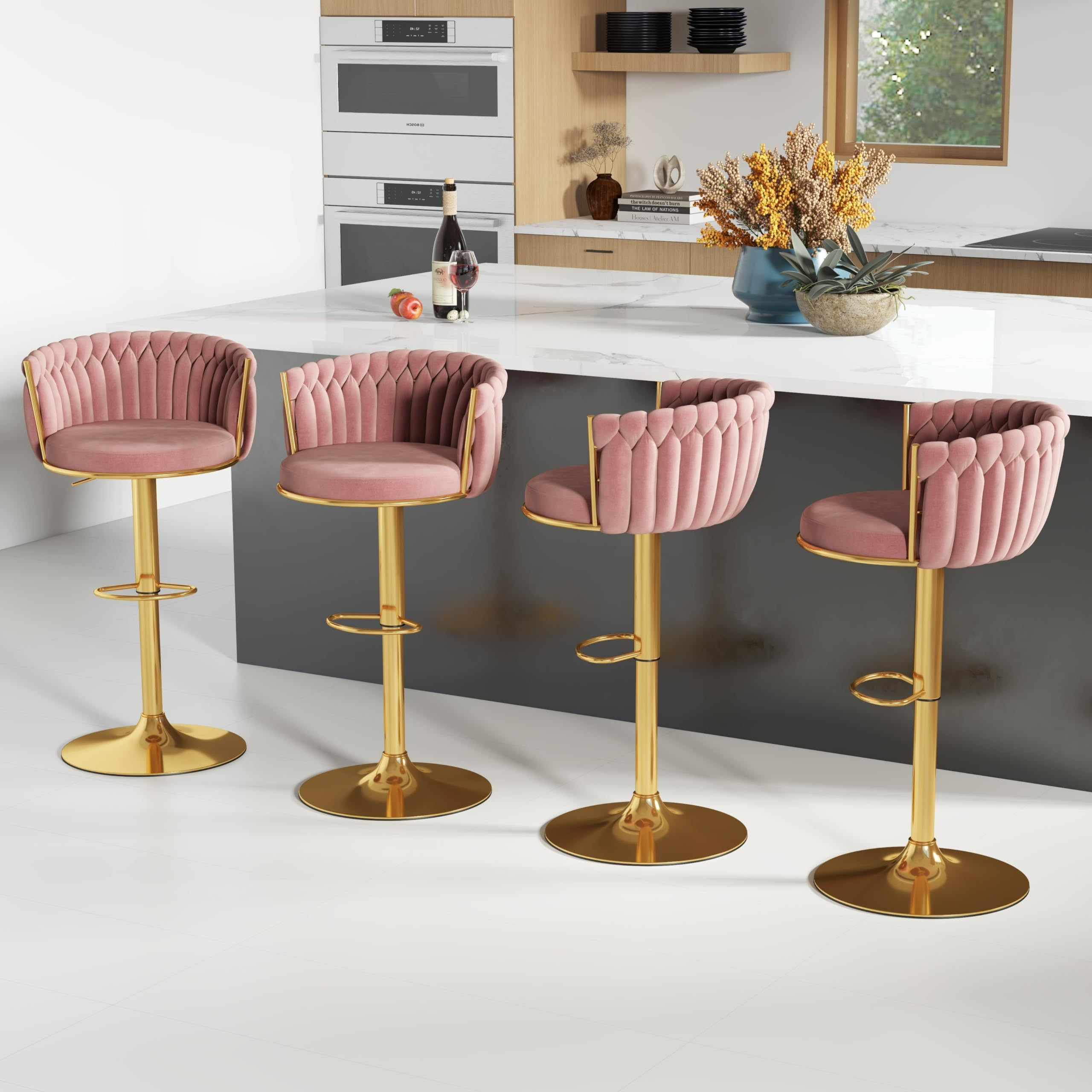 ABET Gold Bar Stool Set of 2, Velvet Swivel Barstools, Height Adjustable Counter Stools with Woven Back, Upholstered Modern Luxury Kitchen Stools with Footrest for Cafe, Pub, Black