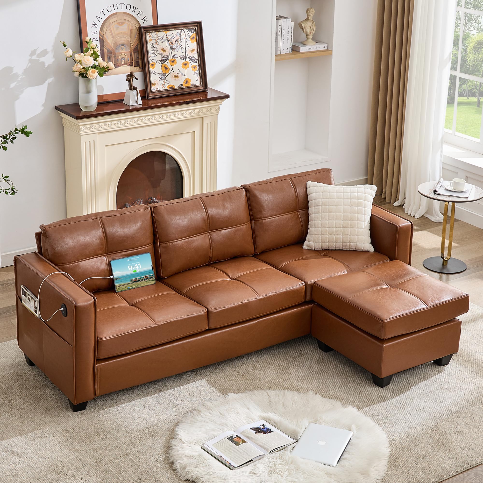 TYBOATLE 88" W Blue Faux Leather L Shaped Sectional Couches w/Side Pockets, Comfy Modular Convertible Sofas w/USB, Office Sofa Set with Chaise for Living Room, Bedroom (Blue, 3L)