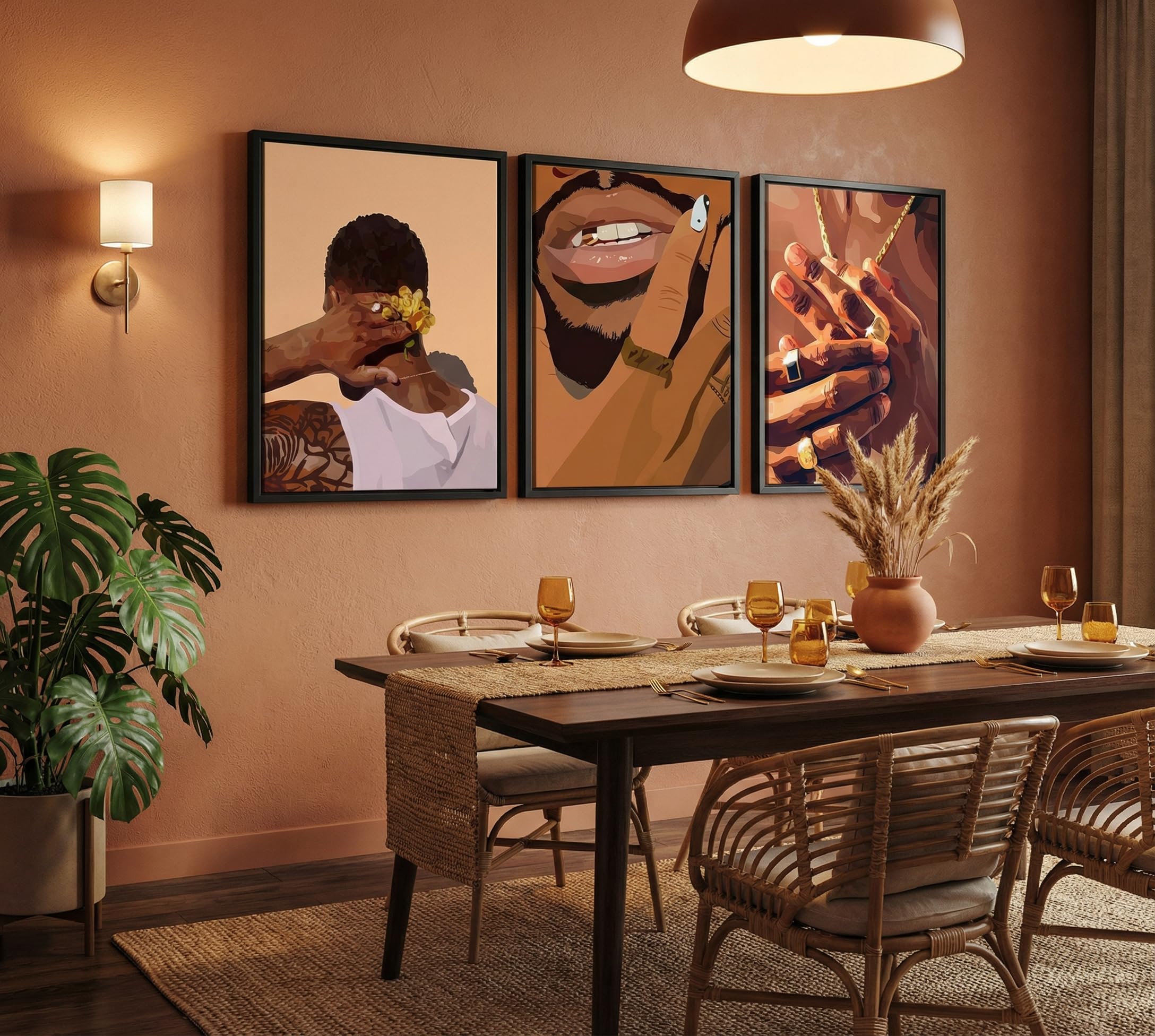 3 Pcs Black Gold Woman Canvas Wall Art African American Black Girl Wall Decor Pictures Abstract Black Gold Female Poster Print Artwork for Living Room Bedroom Scene Home Decoration Prepare To Hang