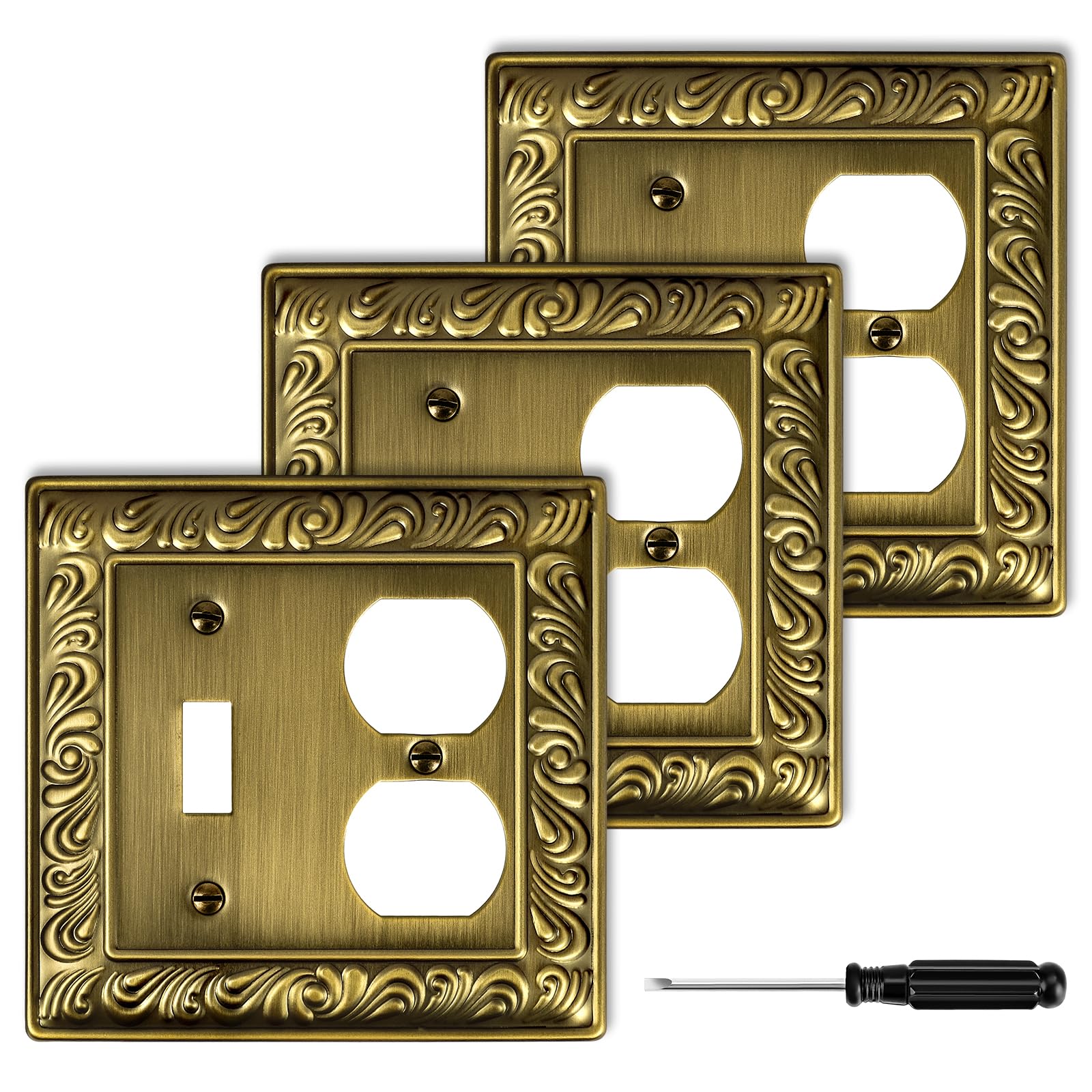 Antique Brass Duplex Outlet Cover Paisley Pattern Decorative Wall Plates for Electrical Outlet, Metal Switch Plates and Receptacle Cover for Kitchen Bathroom (1 Gang Duplex Outlet-6 Pack)
