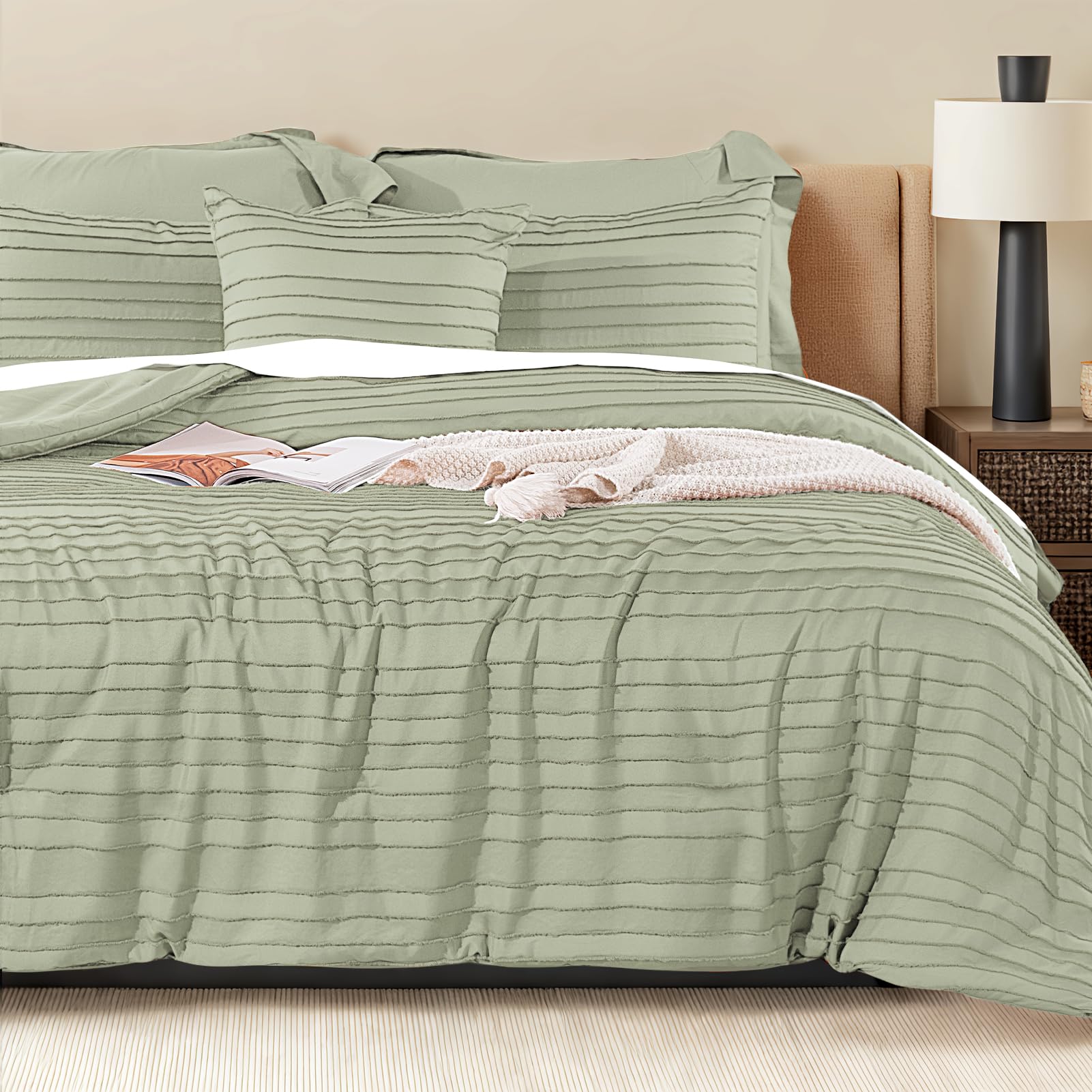 NEXHOME PRO Tufted Boho Comforter Set King, 8 Piece Bed in a Bag, Ultra Soft Brushed Microfiber All-in-One Bedding, Lightweight All Season Comforter, Machine Washable, Sage Green