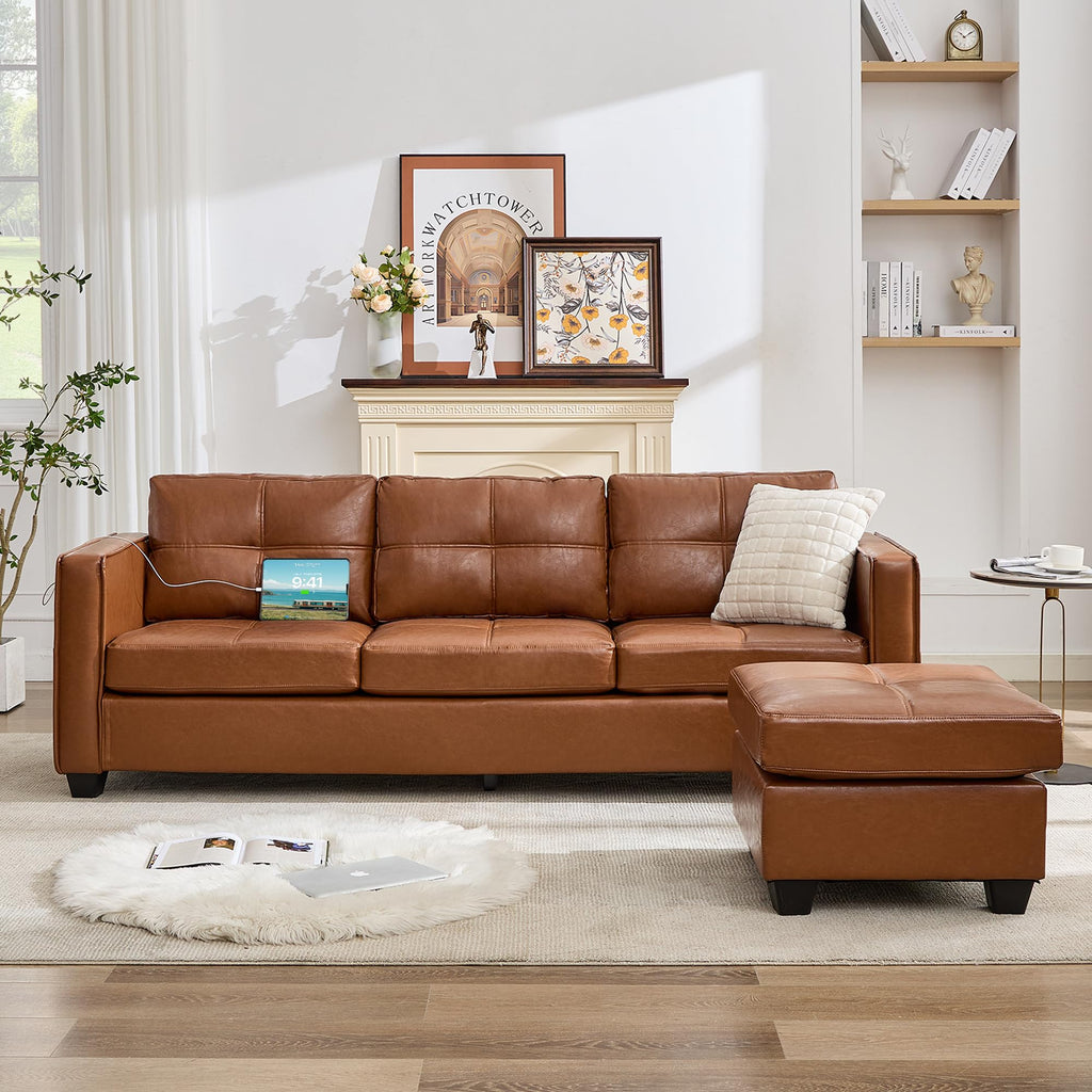 TYBOATLE 88" W Blue Faux Leather L Shaped Sectional Couches w/Side Pockets, Comfy Modular Convertible Sofas w/USB, Office Sofa Set with Chaise for Living Room, Bedroom (Blue, 3L)