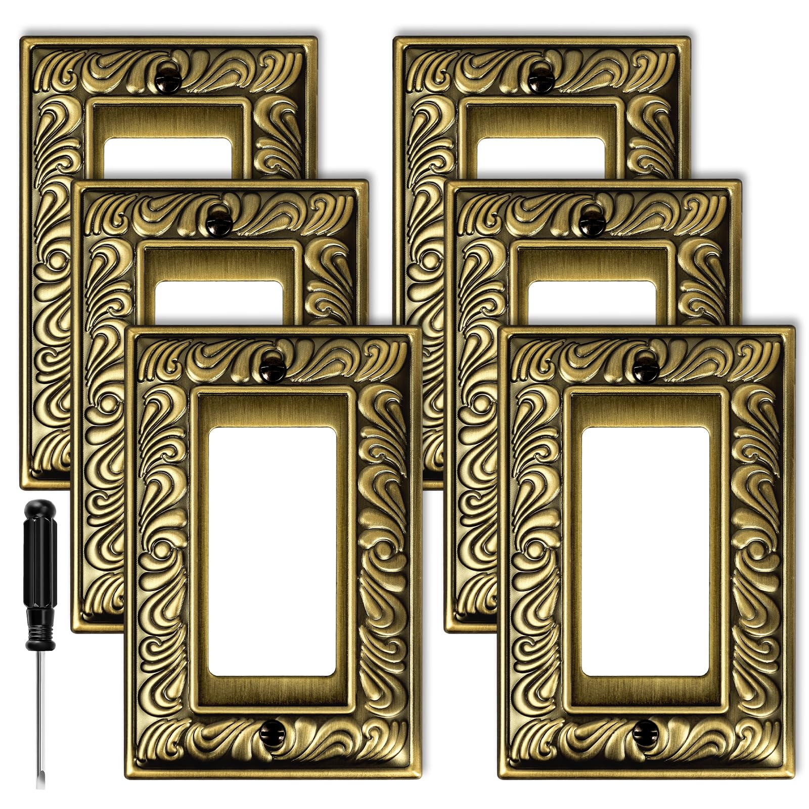 Antique Brass Duplex Outlet Cover Paisley Pattern Decorative Wall Plates for Electrical Outlet, Metal Switch Plates and Receptacle Cover for Kitchen Bathroom (1 Gang Duplex Outlet-6 Pack)