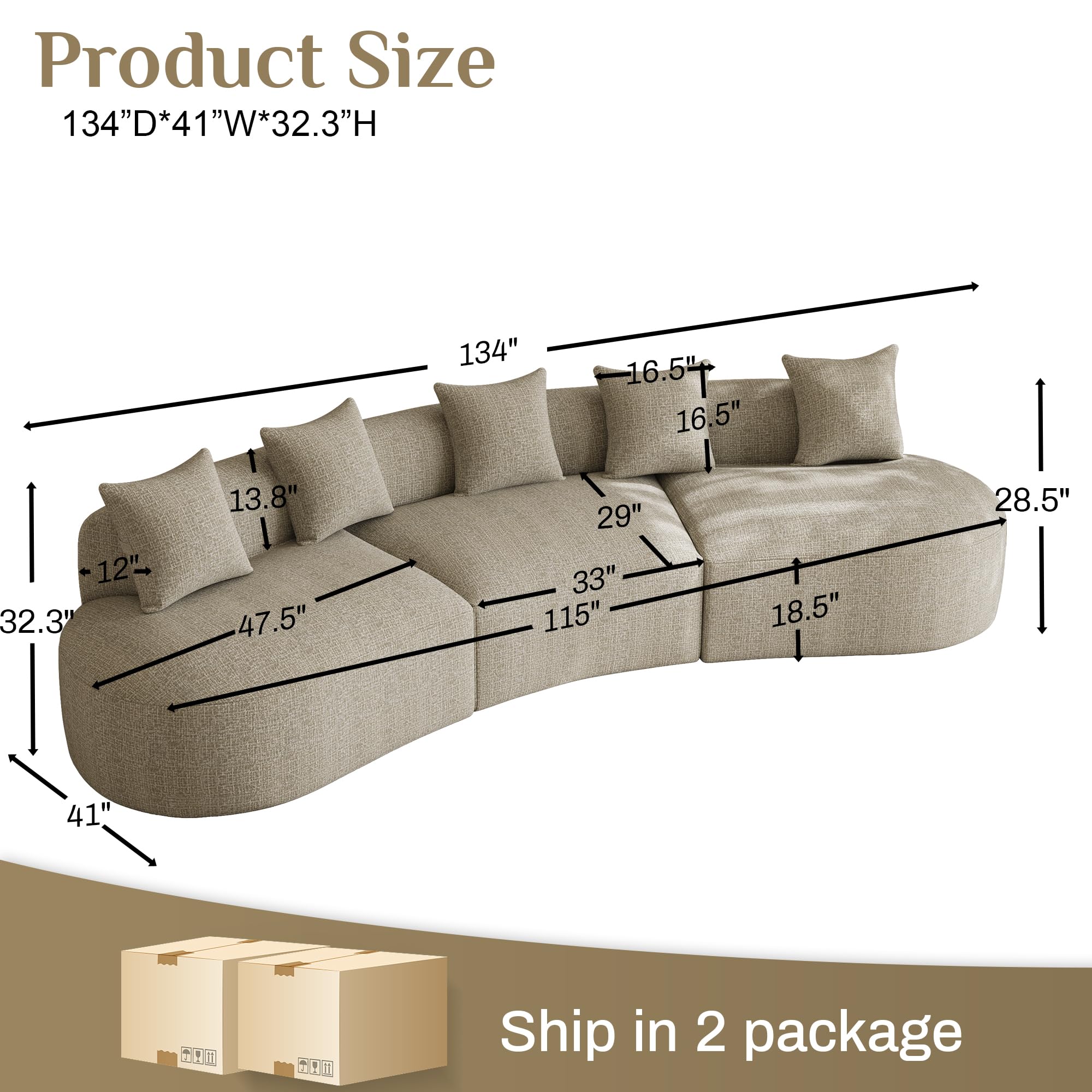 131" Oversized Sectional Sofa for Living Room, Modern Luxury Plush Chenille 4-Seater Extra Deep & Wide Seat Curved Cloud Couch with 4 Throw Pillows, No Assembly Needed, Light Brown